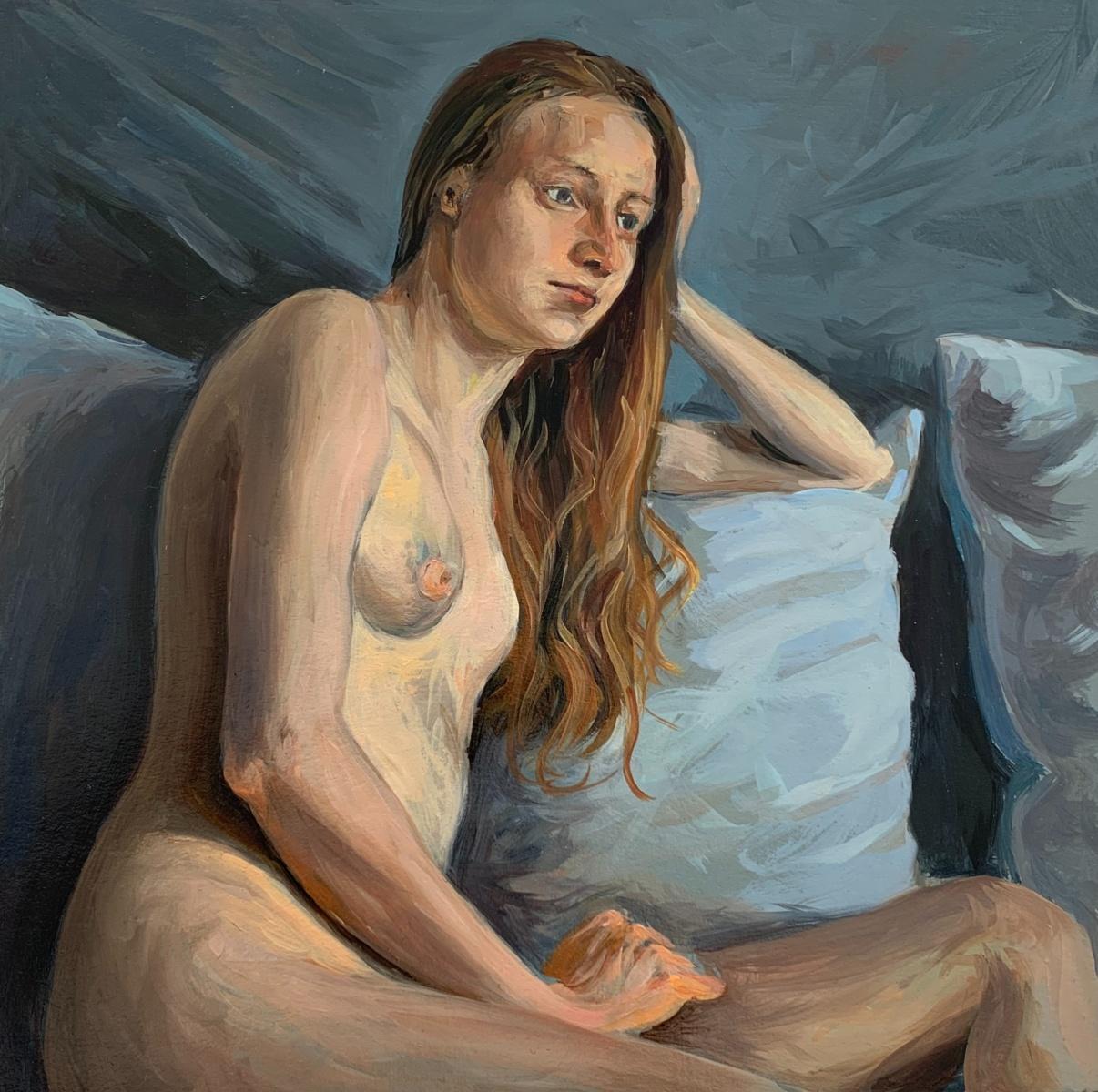 Jeune artiste polonais nu avec coussin - Peinture à l'huile réaliste, tons chauds