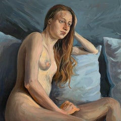 Desnudo con almohada - Pintura al óleo realista, Tonos cálidos, Joven artista polaco