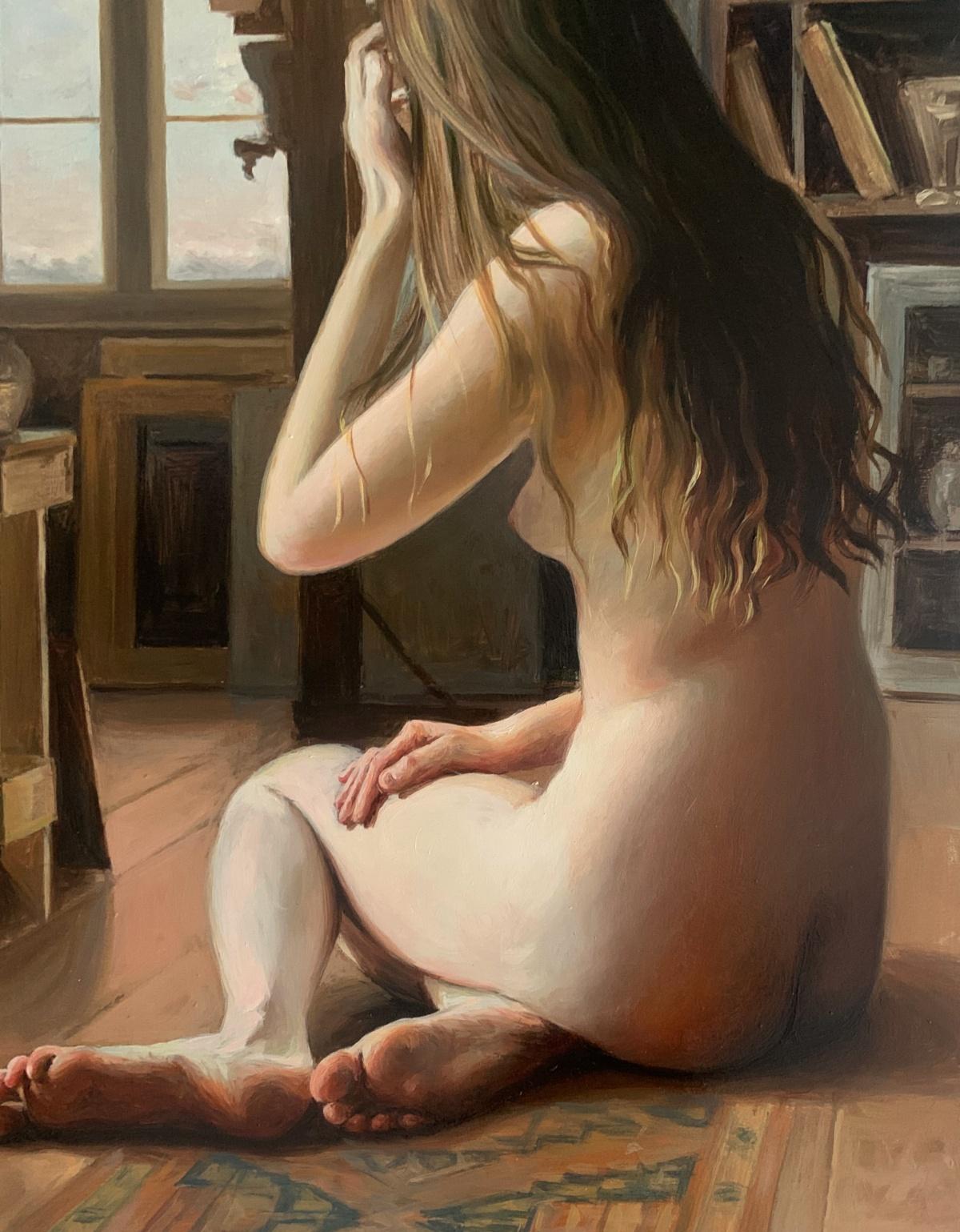 Sentado junto a la ventana. Pintura al óleo figurativa realista, Desnudo, Arte joven polaco - Painting de Agnieszka Staak-Janczarska