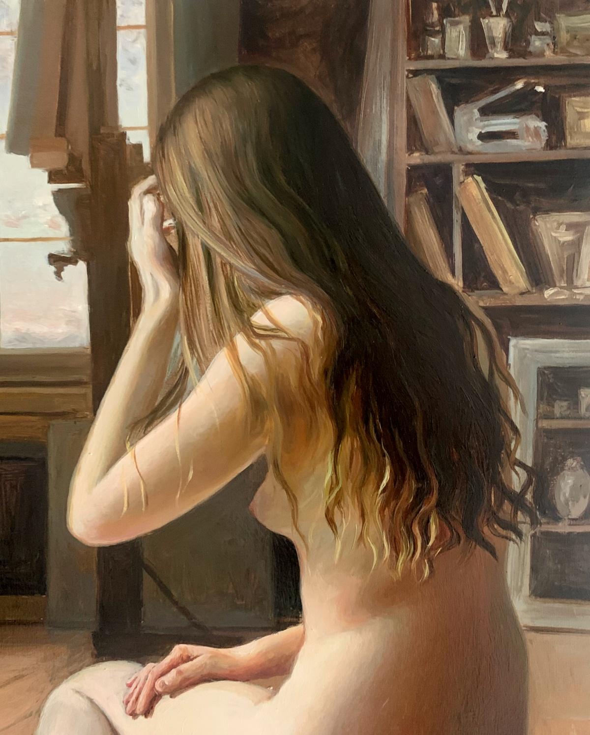 Sentado junto a la ventana. Pintura al óleo figurativa realista, Desnudo, Arte joven polaco - Painting Naturalista de Agnieszka Staak-Janczarska