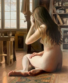 Sentado junto a la ventana. Pintura al óleo figurativa realista, Desnudo, Arte joven polaco