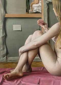 Sitting with a flower. Realistic figurative oil painting, Nude, Young Polish art