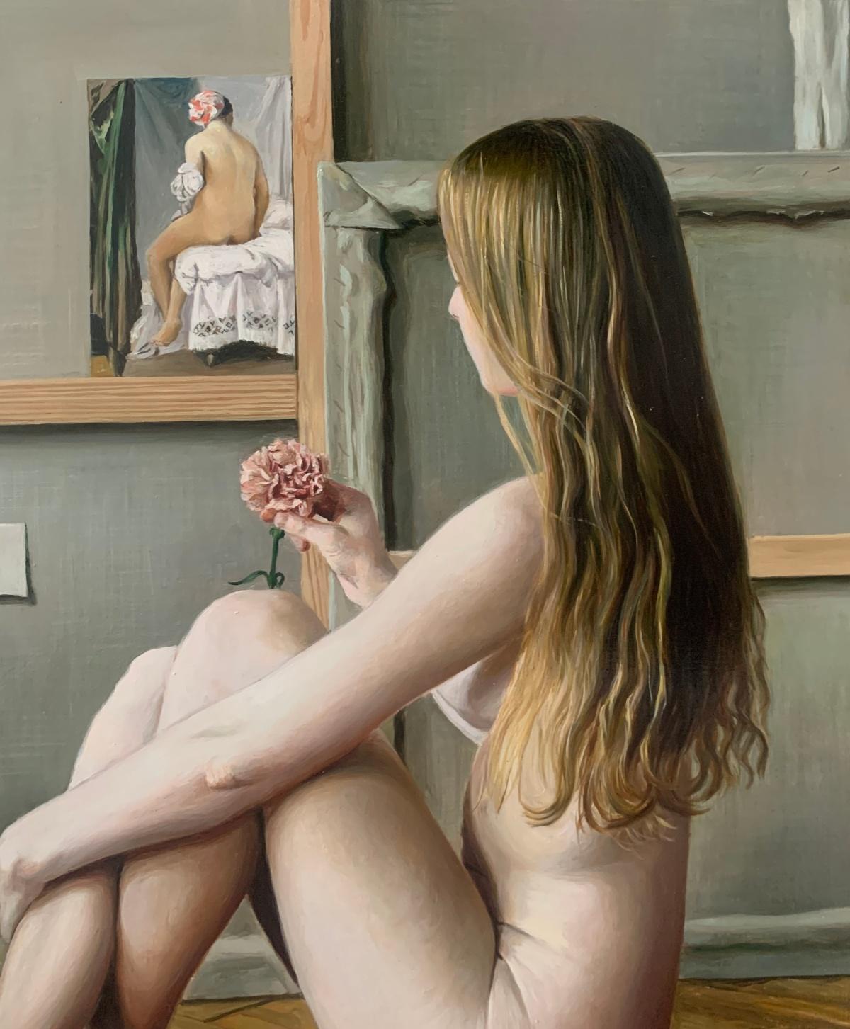 Sentada con una flor. Pintura al óleo figurativa realista, Desnudo, Arte joven polaco - Painting Naturalista de Agnieszka Staak-Janczarska