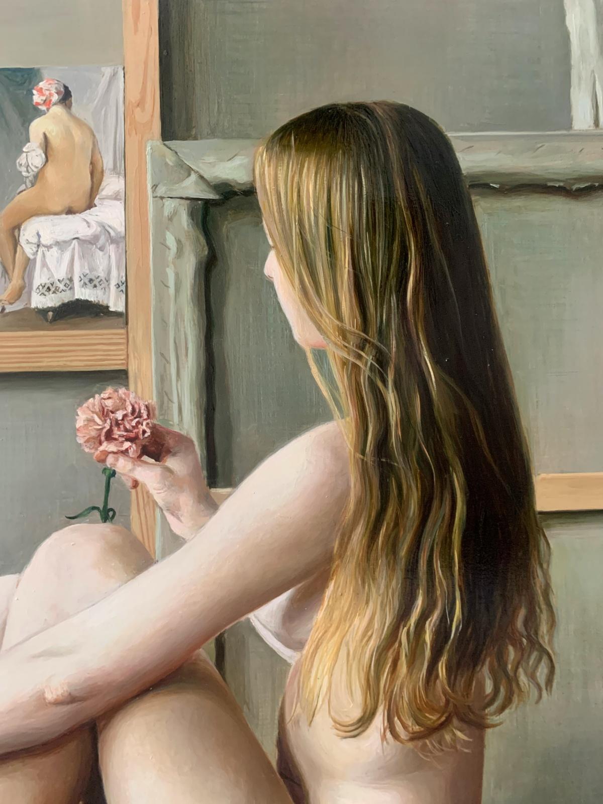 Sentada con una flor. Pintura al óleo figurativa realista, Desnudo, Arte joven polaco - Figurative Painting Marrón de Agnieszka Staak-Janczarska