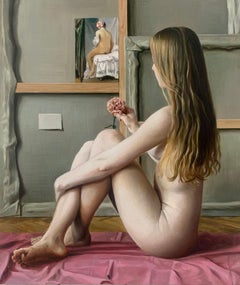 Sentada con una flor. Pintura al óleo figurativa realista, Desnudo, Arte joven polaco