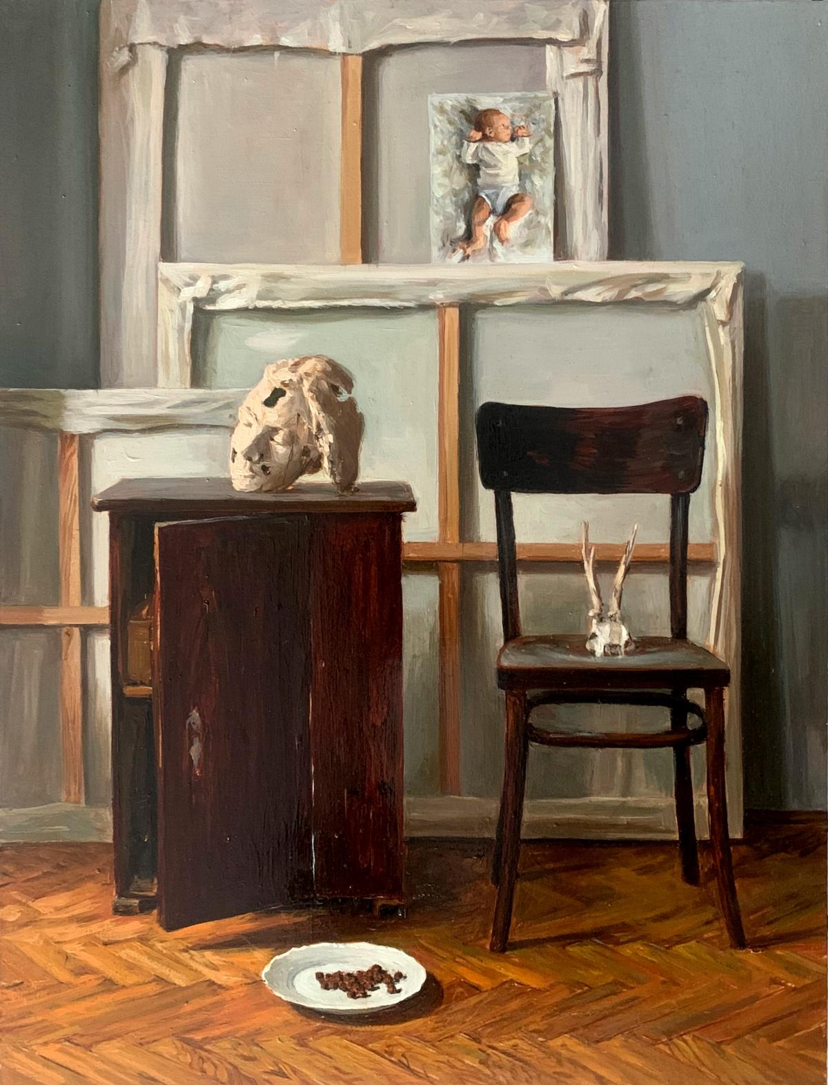Natura morta con tele. Pittura ad olio figurativa realistica, arte polacca emergente