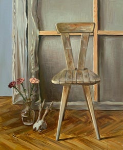 Still life with chair, skull and flowers - Realistic oil painting, Young artist