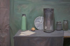 Stilleben mit Flötist - Realistisches Ölgemälde, Interieur, Junge polnische Künstlerin