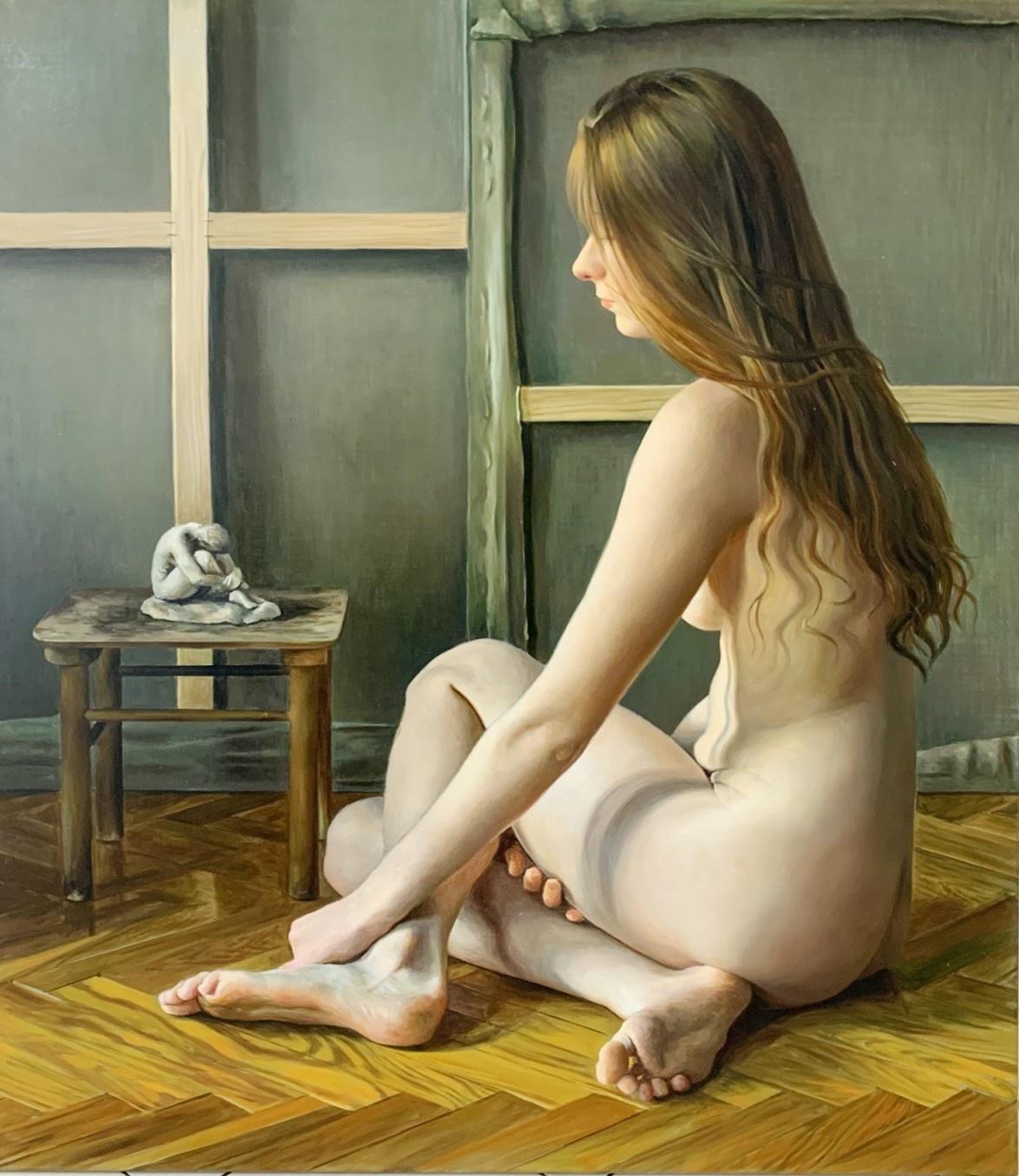 Time - Peinture à l'huile réaliste, nu, jeune artiste polonais