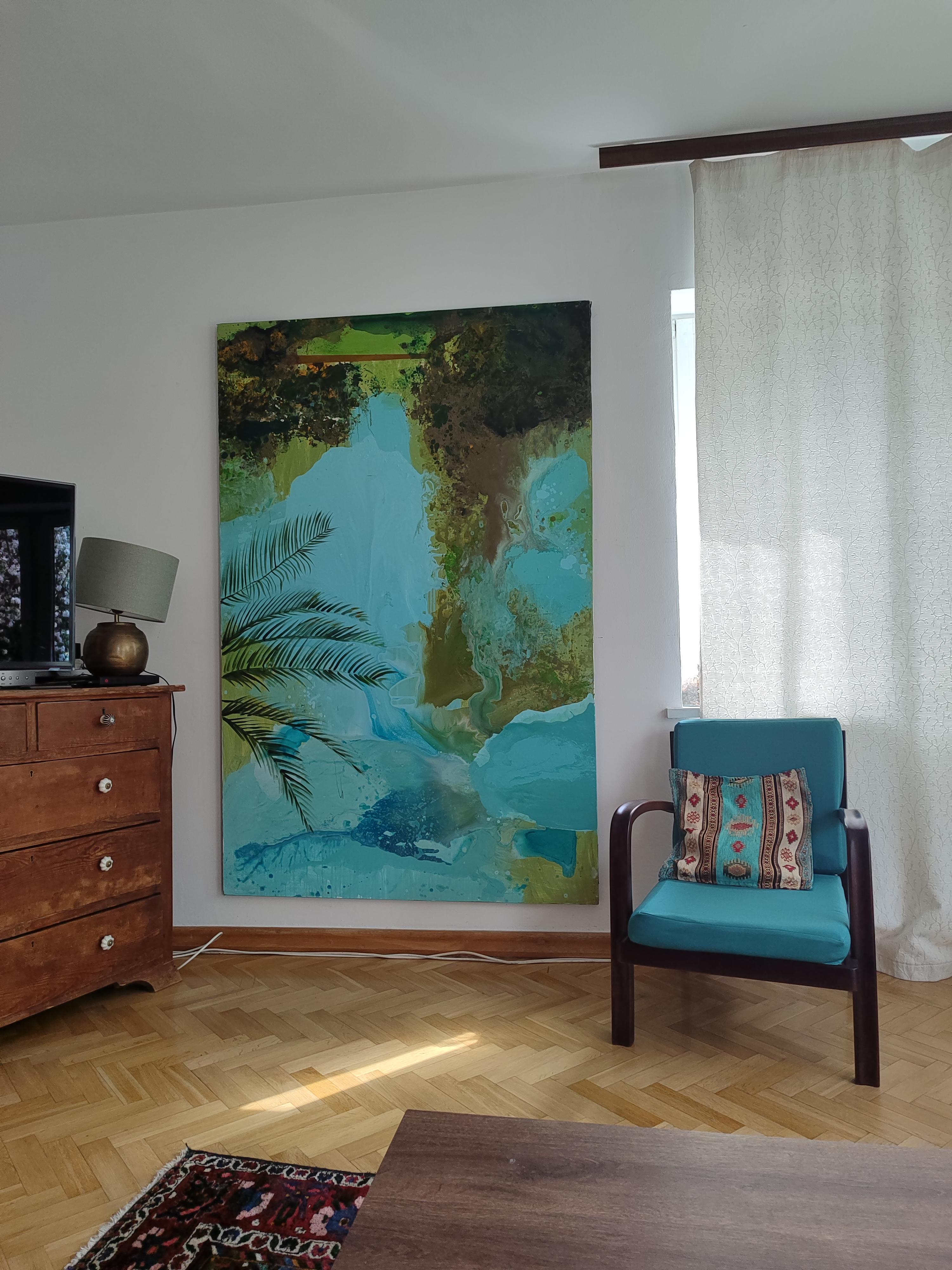 Jardin botanique 1 - Grand format, peinture de paysage contemporaine, vue sur le lac - Painting de Agnieszka Zawisza