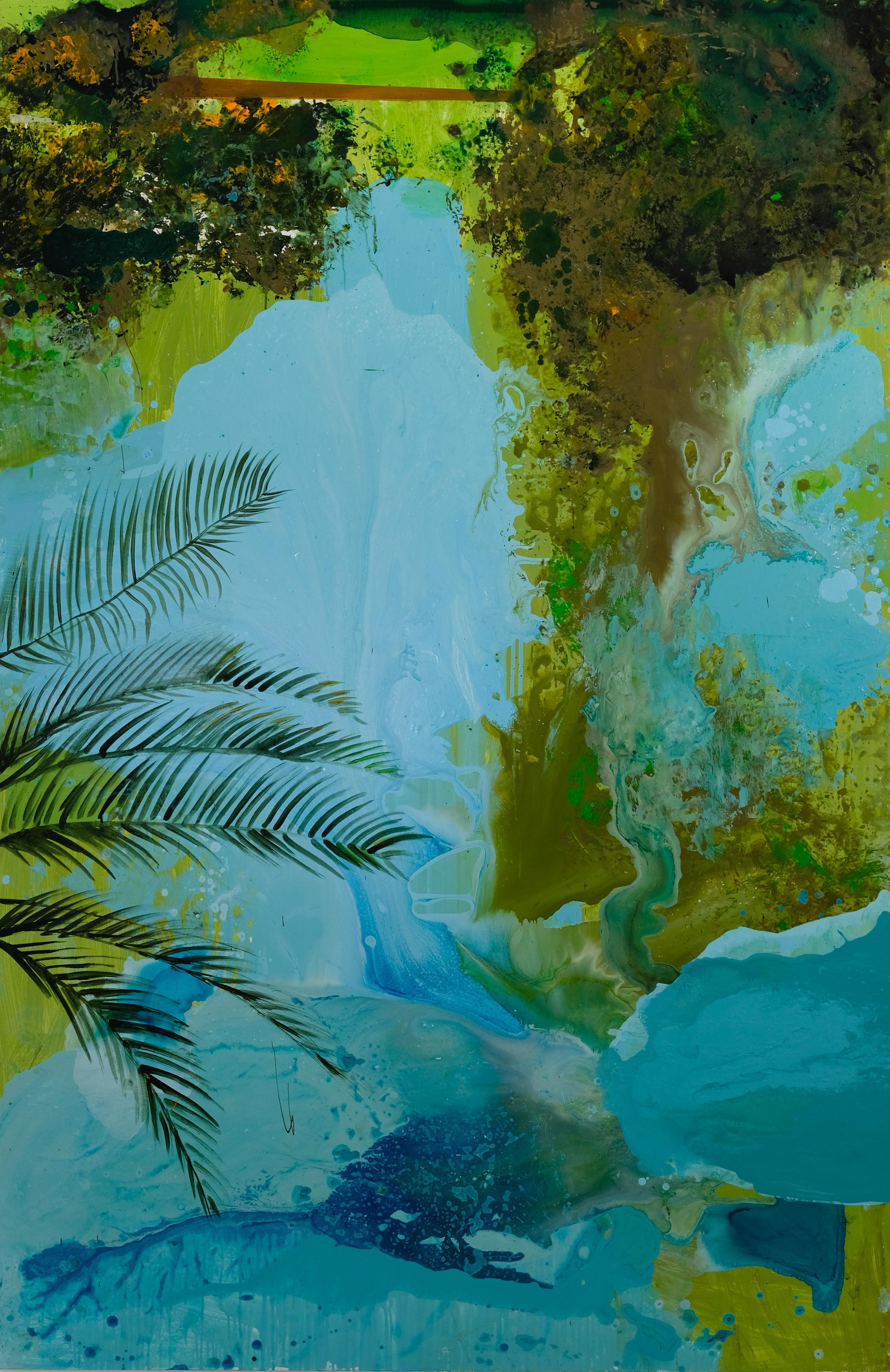 Figurative Painting Agnieszka Zawisza - Jardin botanique 1 - Grand format, peinture de paysage contemporaine, vue sur le lac