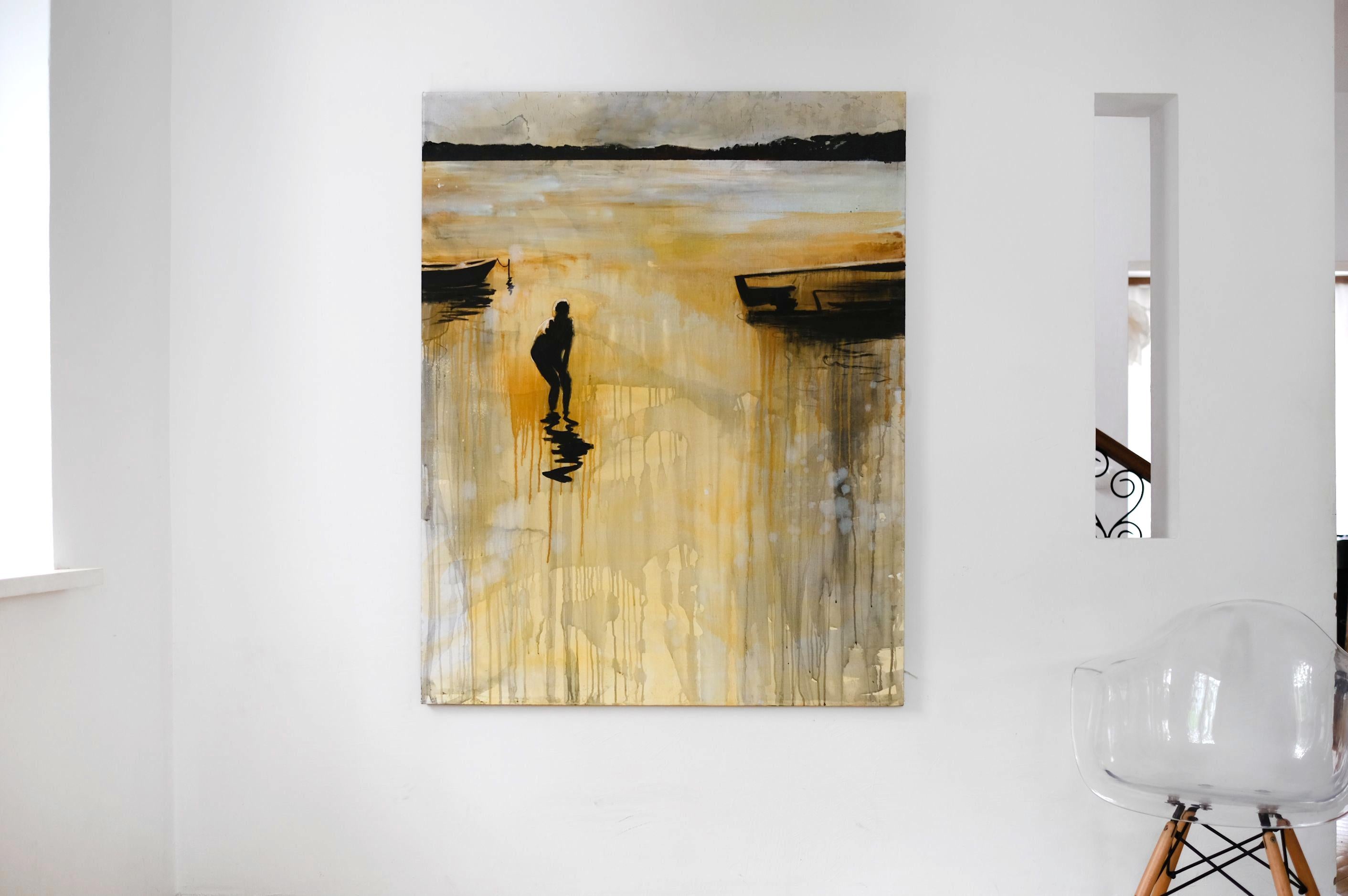 Niño en el lago 2 - Pintura al óleo de paisaje contemporáneo, Vista del lago, Expresión - Painting de Agnieszka Zawisza