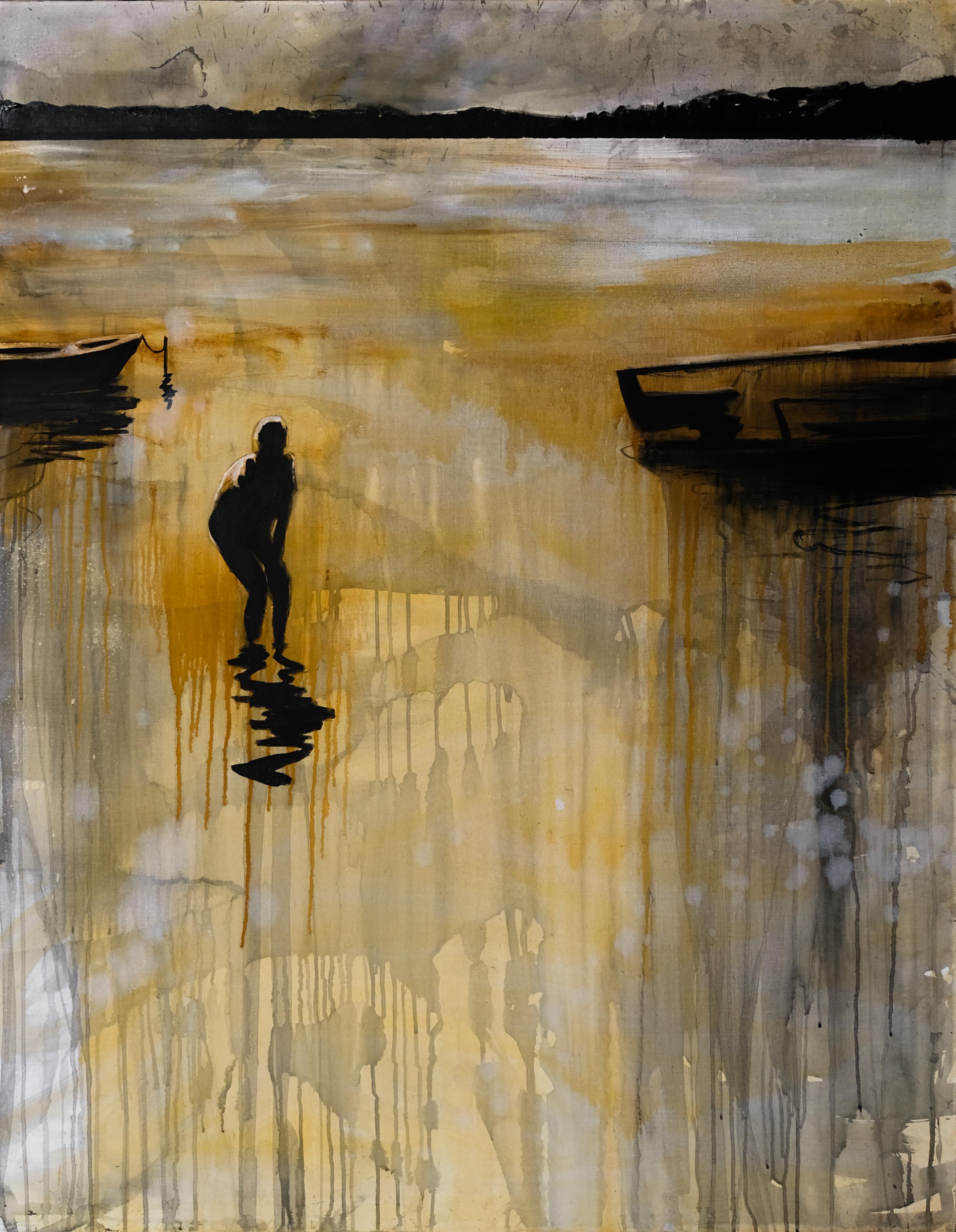 Boy In The Lake 2 - Contemporary Landscape Oil Painting, Lake View, Expression For Sale 1