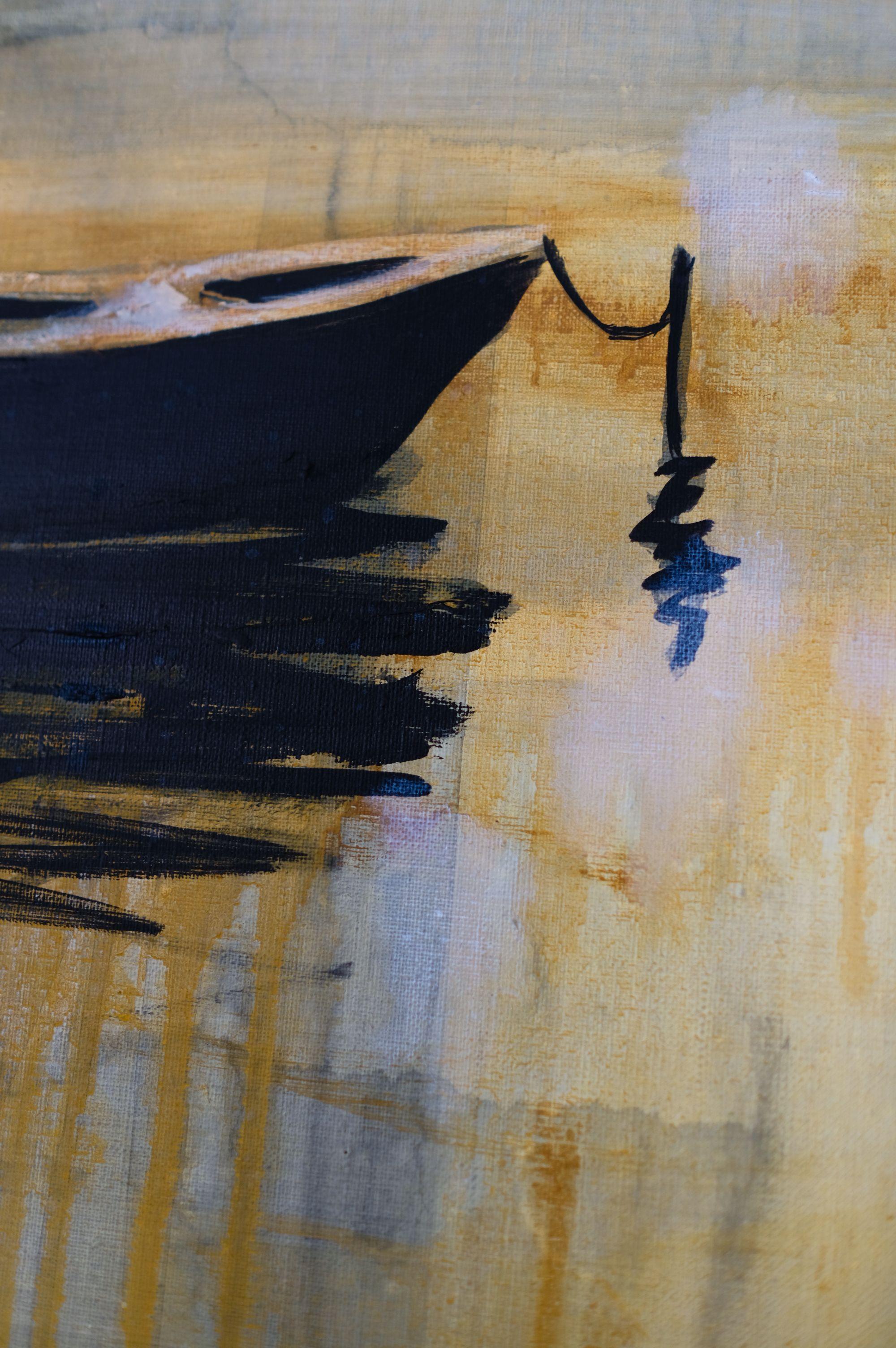 Niño en el lago 2 - Pintura al óleo de paisaje contemporáneo, Vista del lago, Expresión - Figurative Painting Marrón de Agnieszka Zawisza