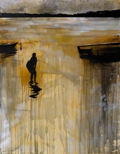 Boy In The Lake 2 - Peinture à l'huile contemporaine de paysage, vue d'un lac, expression