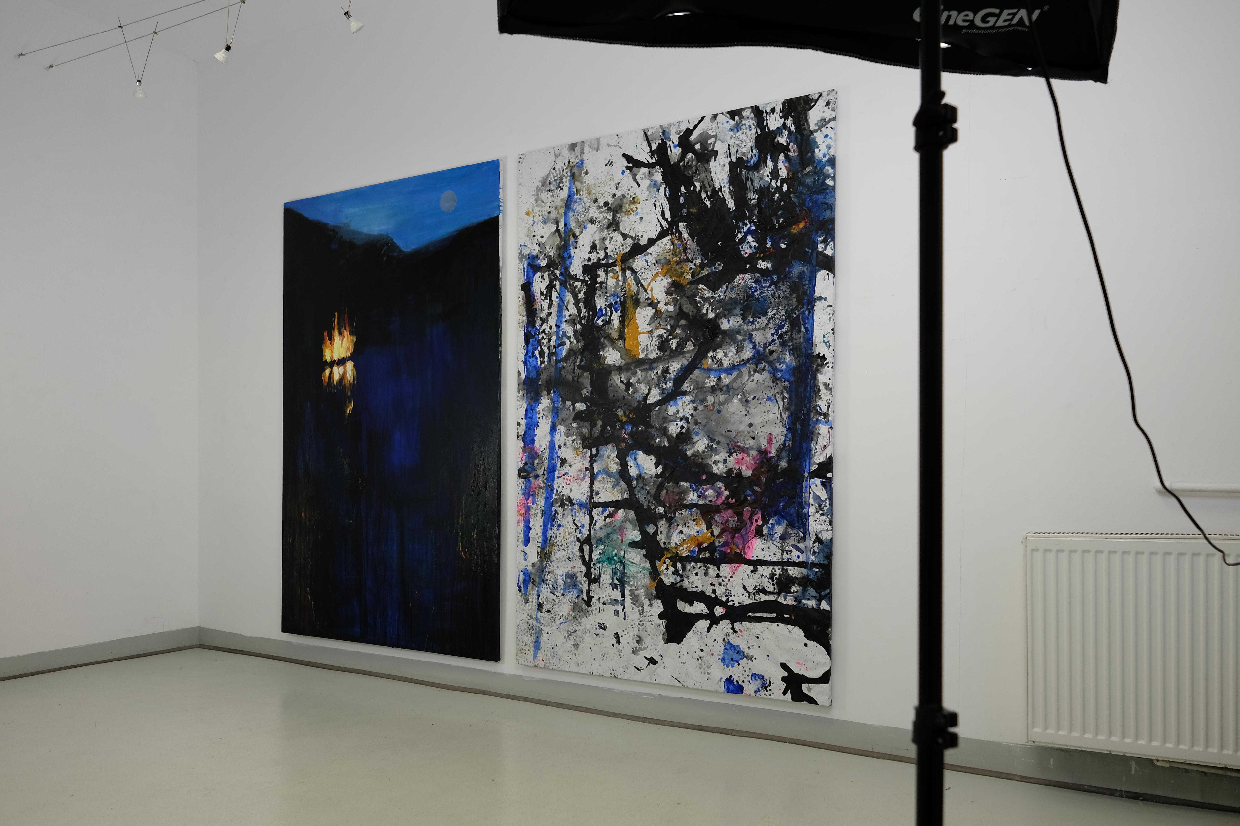 Fuoco sull'acqua - Quadro di paesaggio contemporaneo di grande formato, vista sul lago - Painting di Agnieszka Zawisza