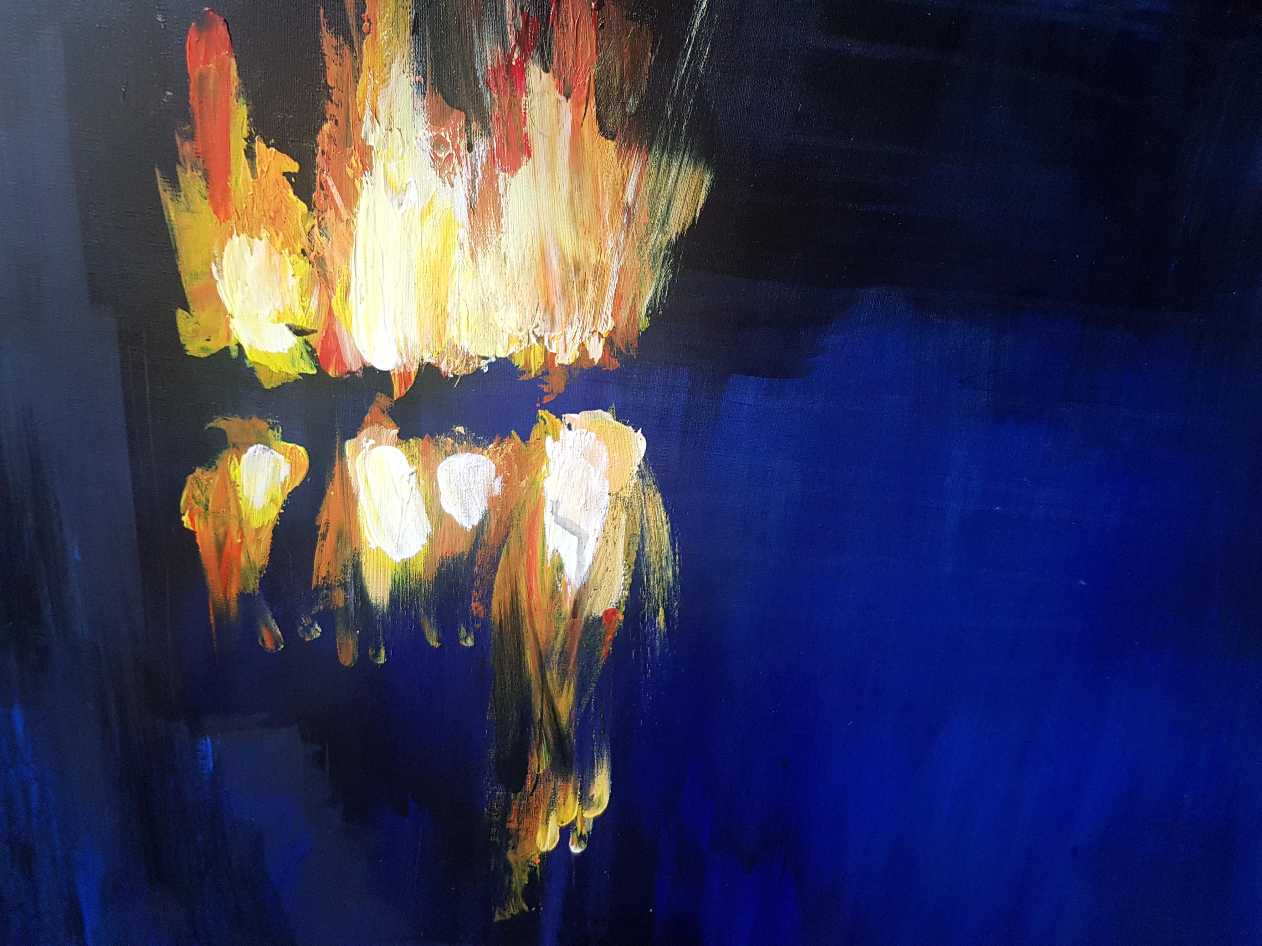 Fuoco sull'acqua - Quadro di paesaggio contemporaneo di grande formato, vista sul lago - Painting Contemporaneo di Agnieszka Zawisza