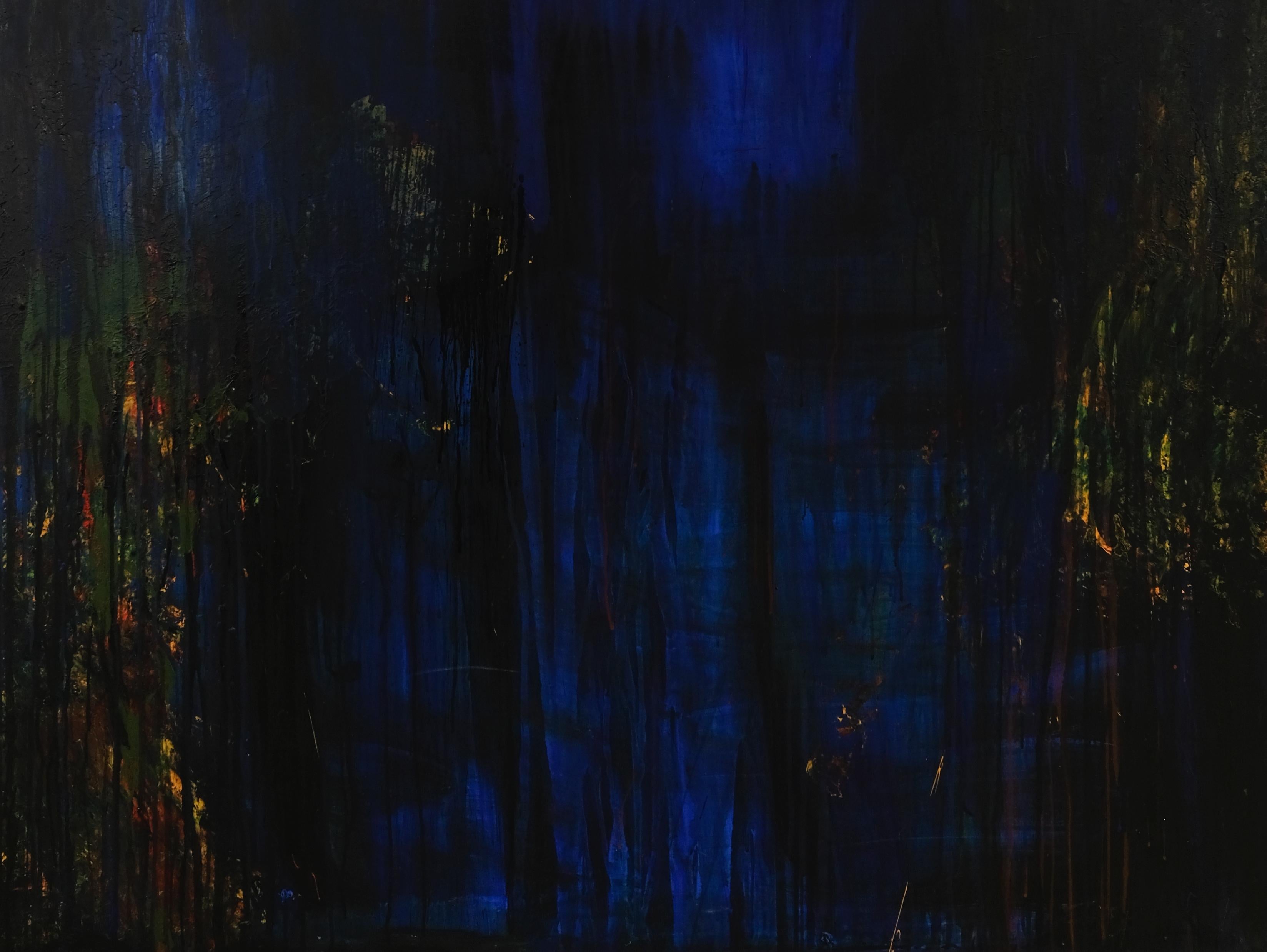 Fuoco sull'acqua - Quadro di paesaggio contemporaneo di grande formato, vista sul lago - Figurative Painting Nero di Agnieszka Zawisza