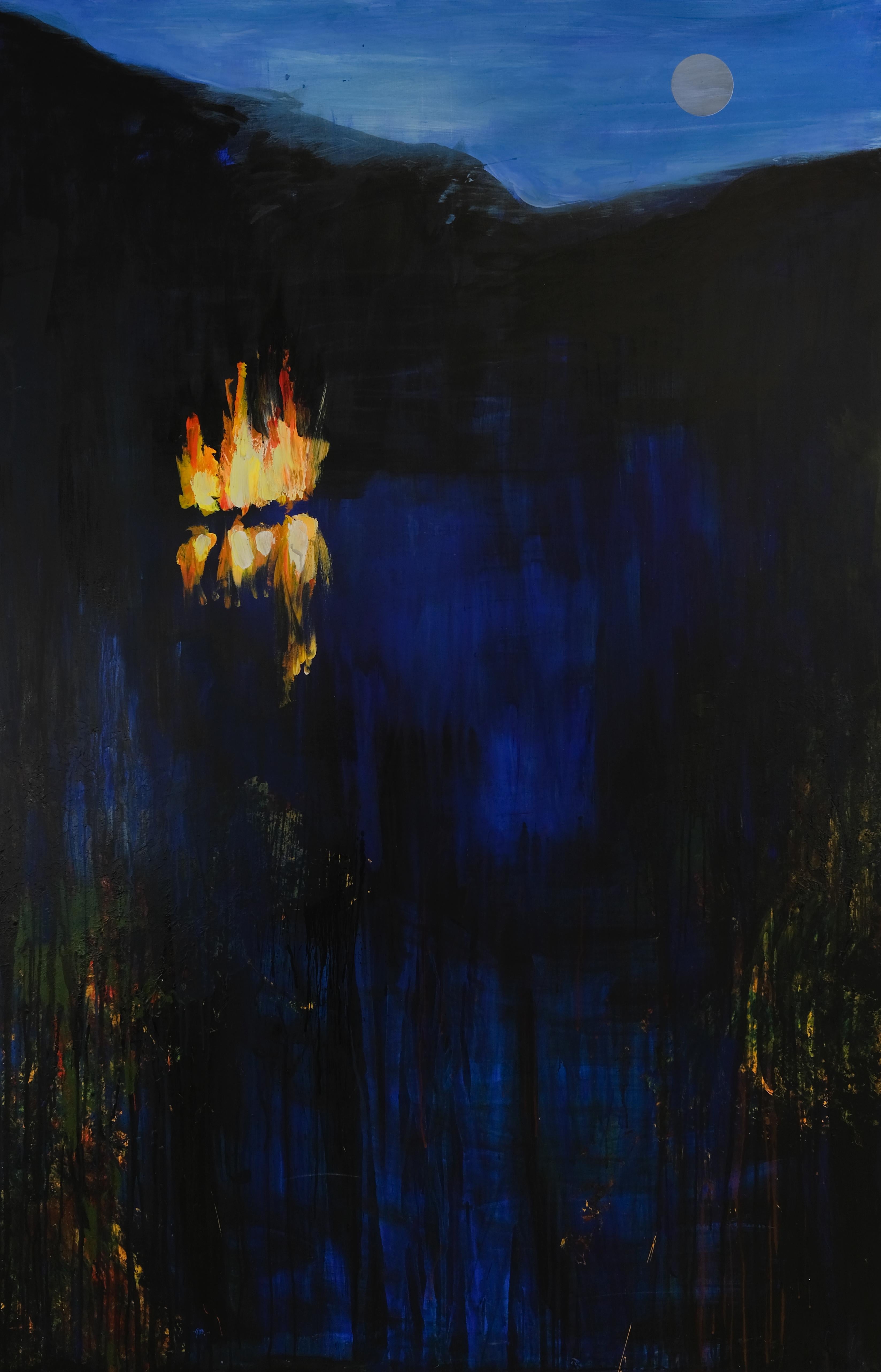 Figurative Painting di Agnieszka Zawisza - Fuoco sull'acqua - Quadro di paesaggio contemporaneo di grande formato, vista sul lago