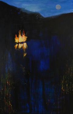 Fire On The Water - Large Format, Contemporary Landscape Painting, Lake View