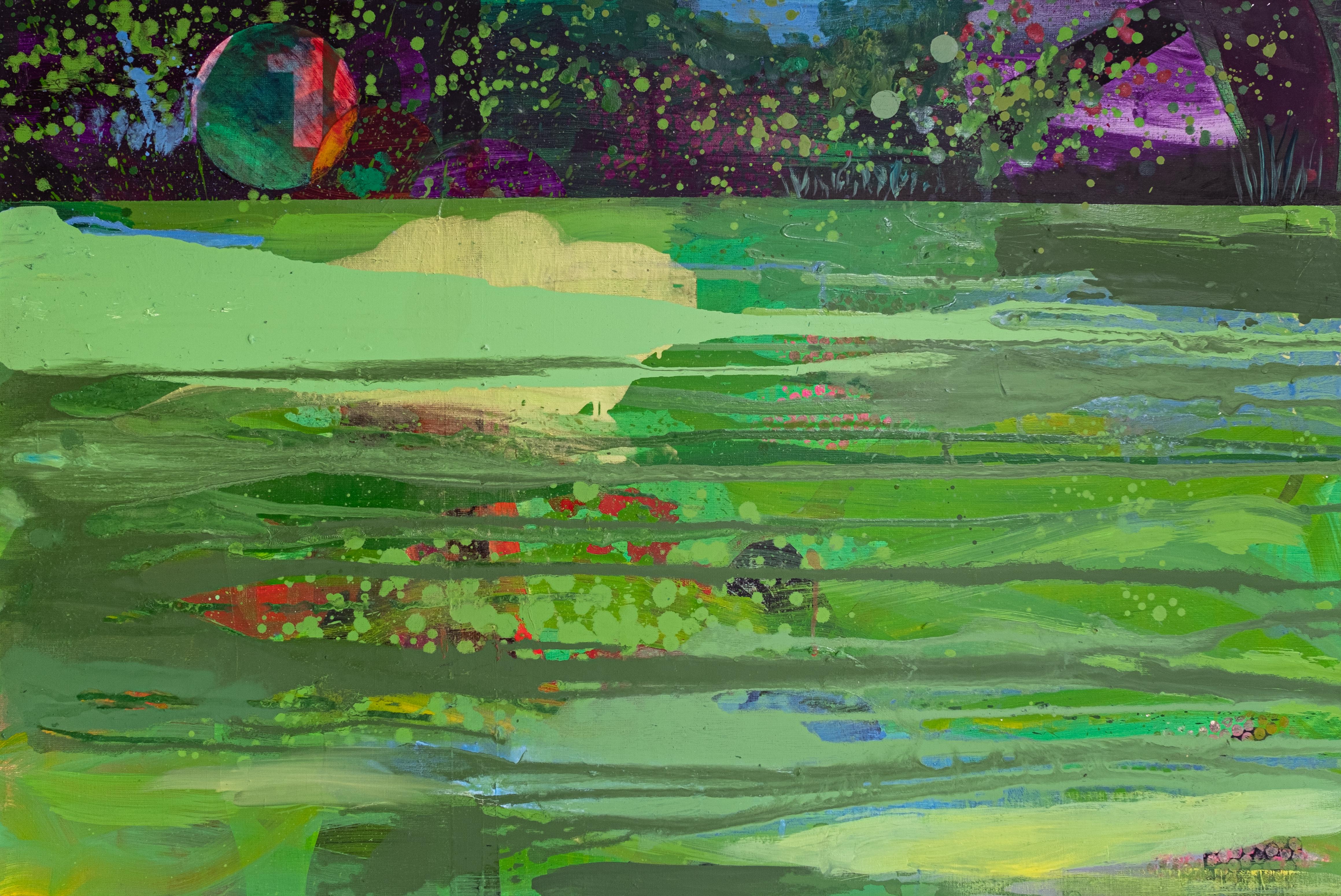 Rivière verte - Collage à l'huile, peinture de nature atmosphérique, abstraction, expression
