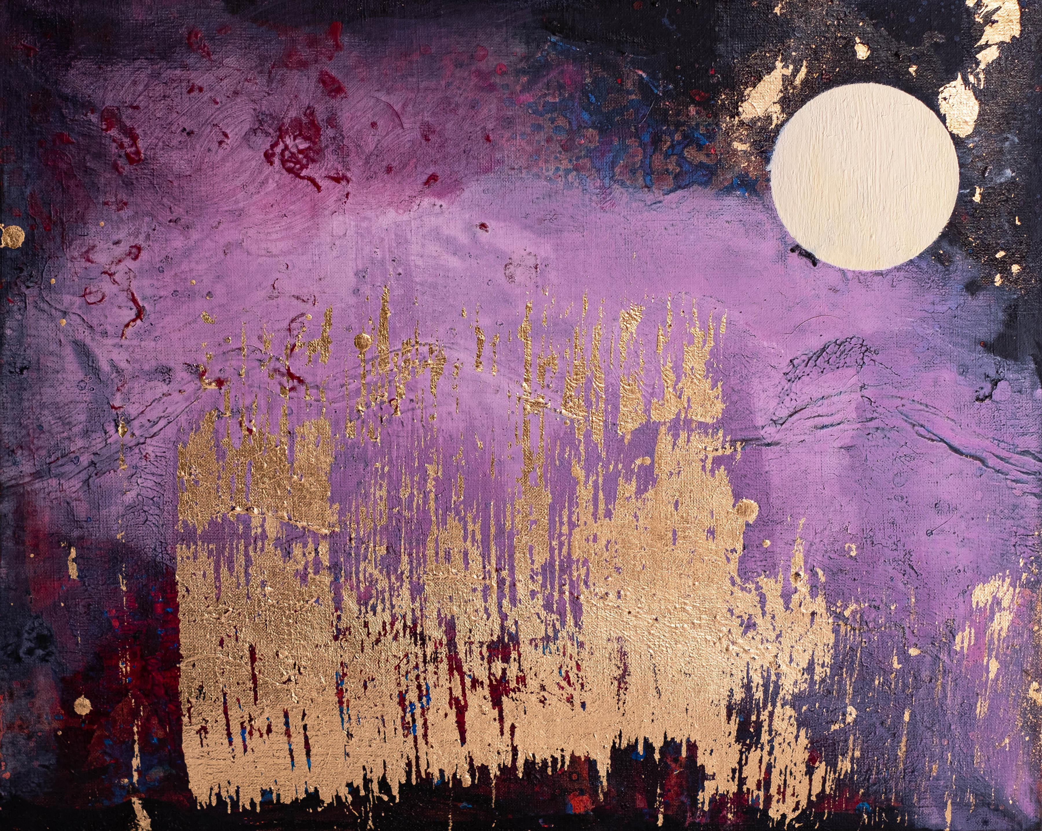 Late Summer Full Moon – Oil Atmospheric Nature Painting, Abstraction, Expression - Gold Abstract Painting by Agnieszka Zawisza