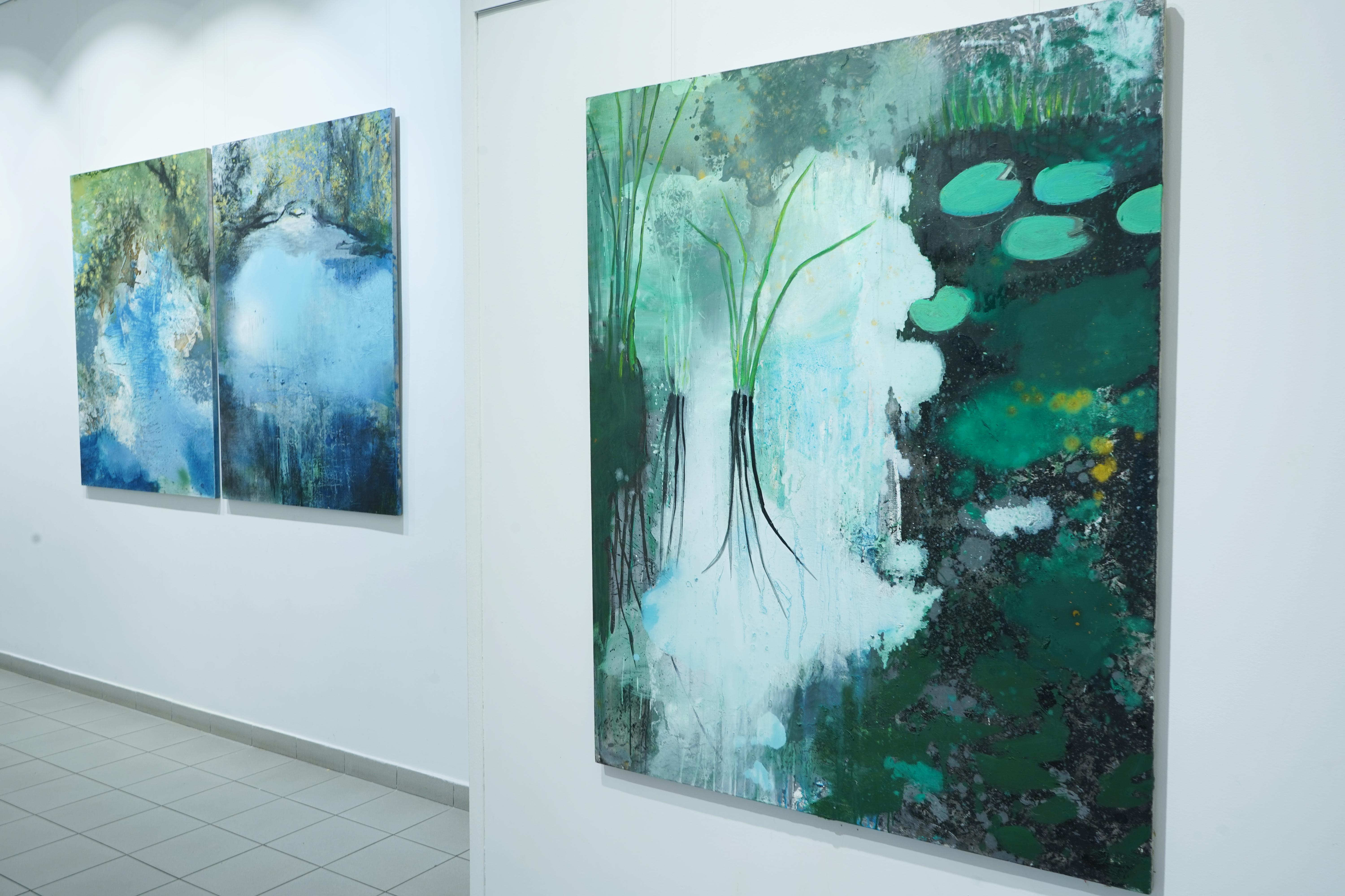 Plantas en el agua - Pintura al óleo Paisaje moderno, Vista de lago, Naturaleza, Tonos verdes - Painting de Agnieszka Zawisza