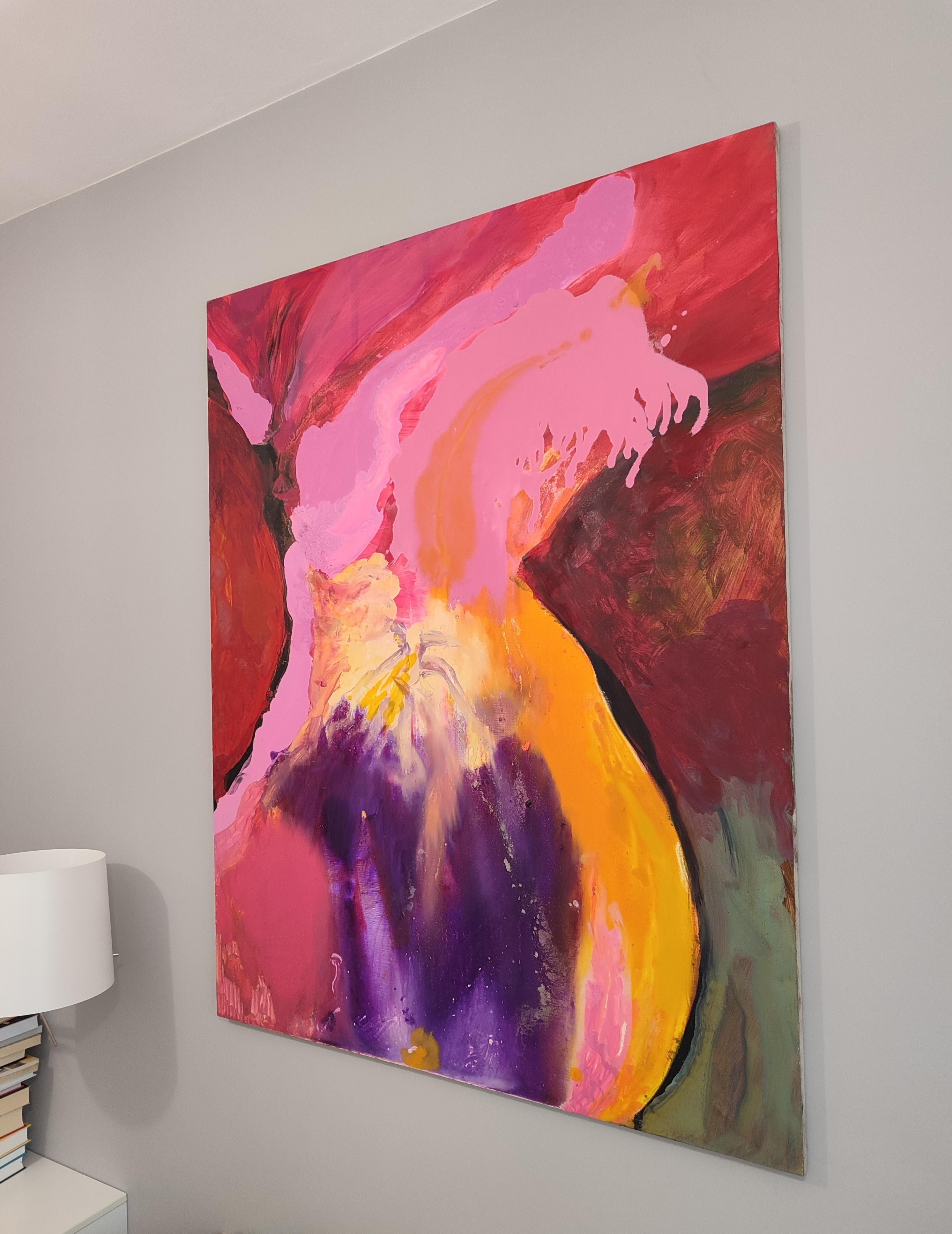 The Flower -  Contemporary Expressive Landscape Oil Painting, Plant View - Pink Landscape Painting by Agnieszka Zawisza