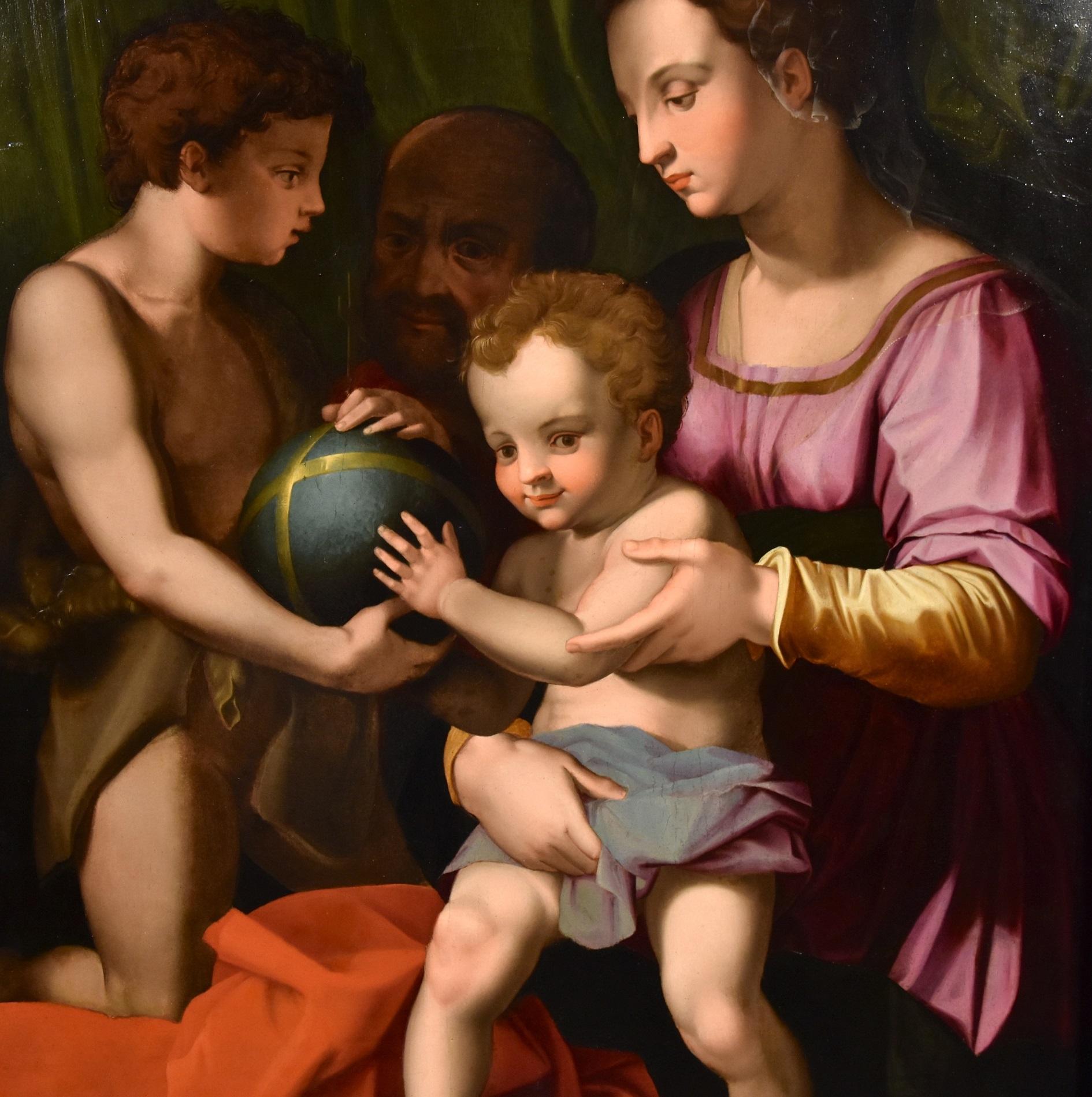 Holy Family Giovannino Bronzino Paint Oil on table 16th Century Old master Italy For Sale 4