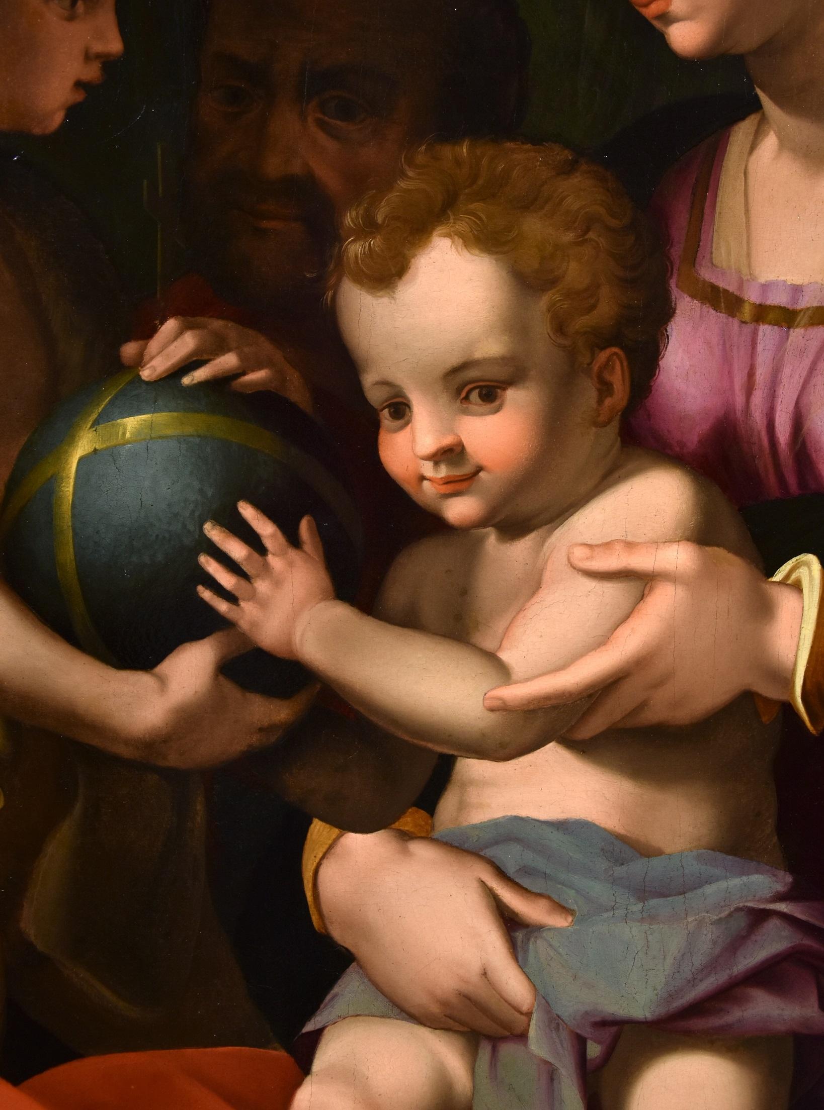 Holy Family Giovannino Bronzino Paint Oil on table 16th Century Old master Italy For Sale 10