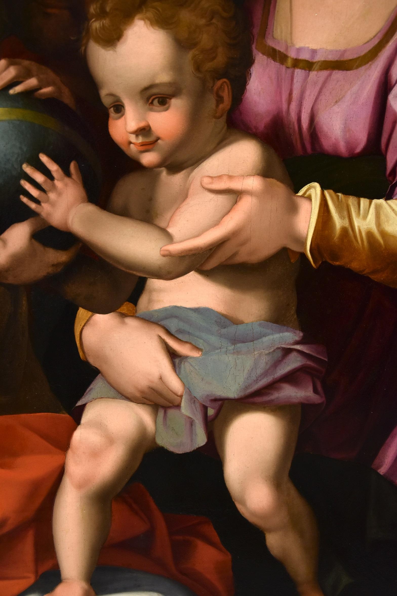 Holy Family Giovannino Bronzino Paint Oil on table 16th Century Old master Italy For Sale 11