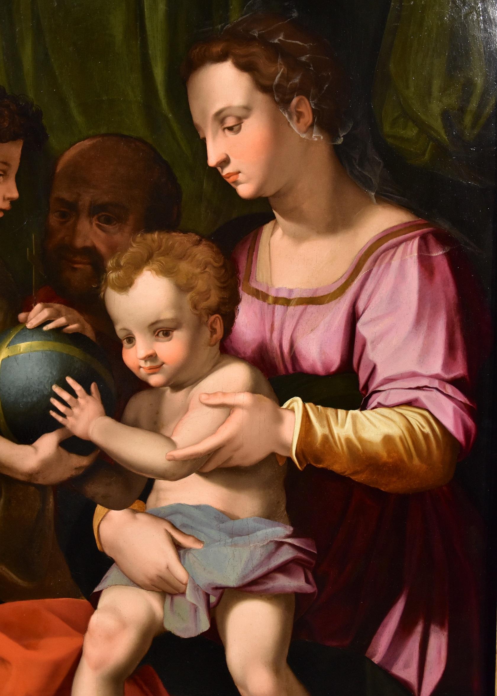 Holy Family Giovannino Bronzino Paint Oil on table 16th Century Old master Italy - Old Masters Painting by Agnolo Bronzino