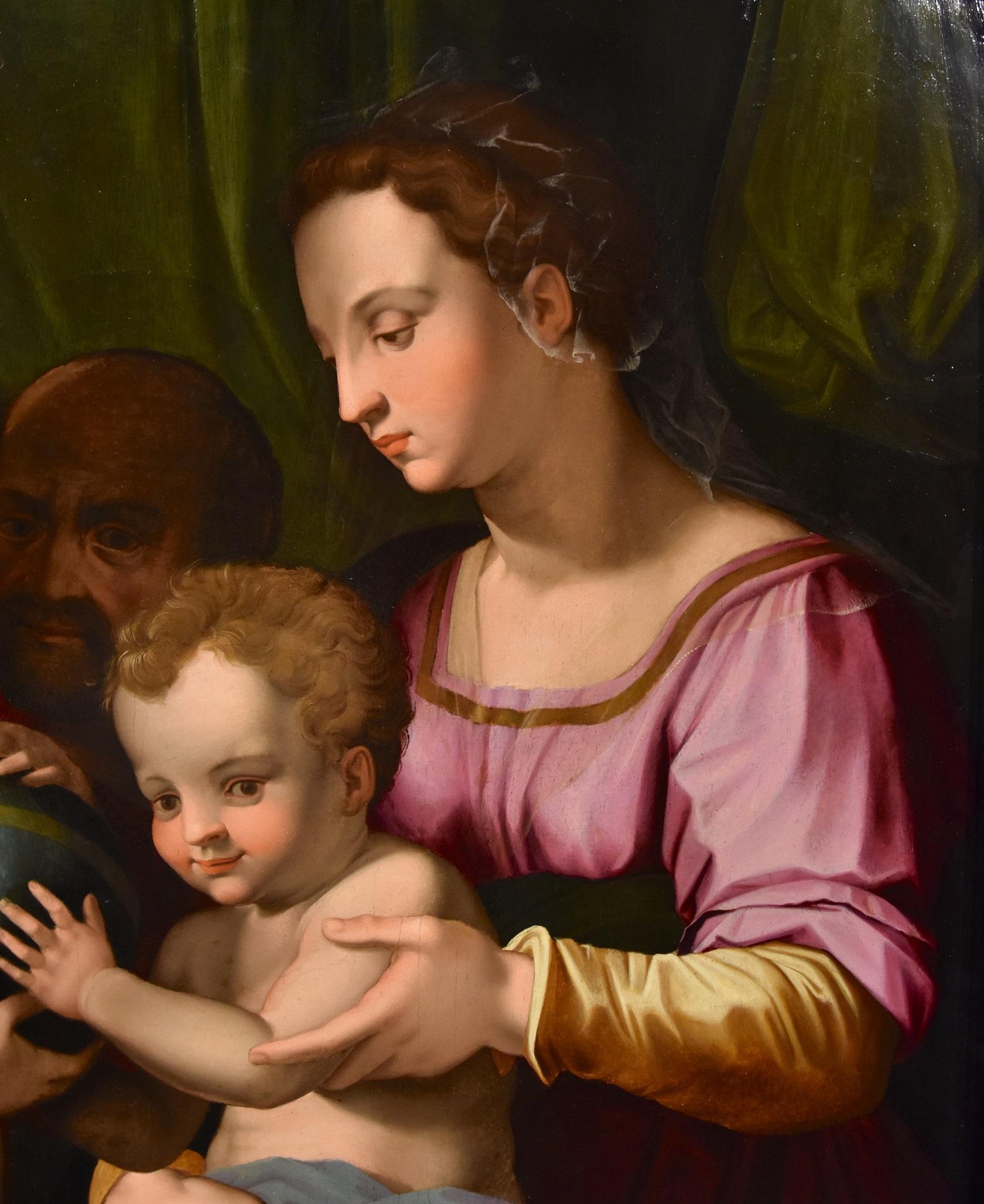 Holy Family Giovannino Bronzino Paint Oil on table 16th Century Old master Italy For Sale 1