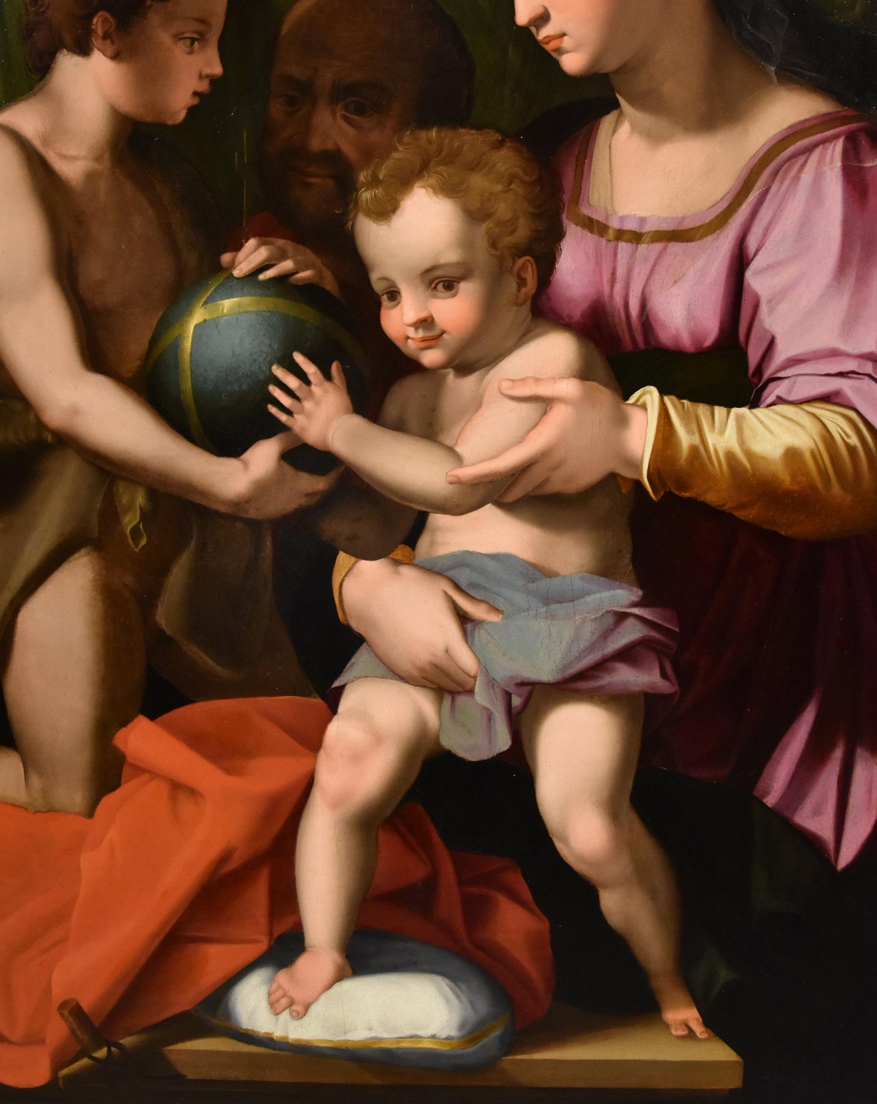 Holy Family Giovannino Bronzino Paint Oil on table 16th Century Old master Italy For Sale 2