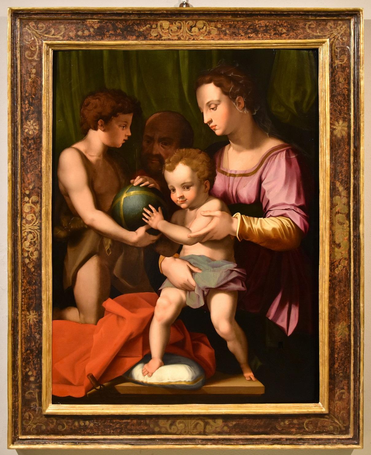 Holy Family Giovannino Bronzino Paint Oil on table 16th Century Old master Italy - Painting by Agnolo Bronzino