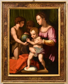 Antique Holy Family Giovannino Bronzino Paint Oil on table 16th Century Old master Italy
