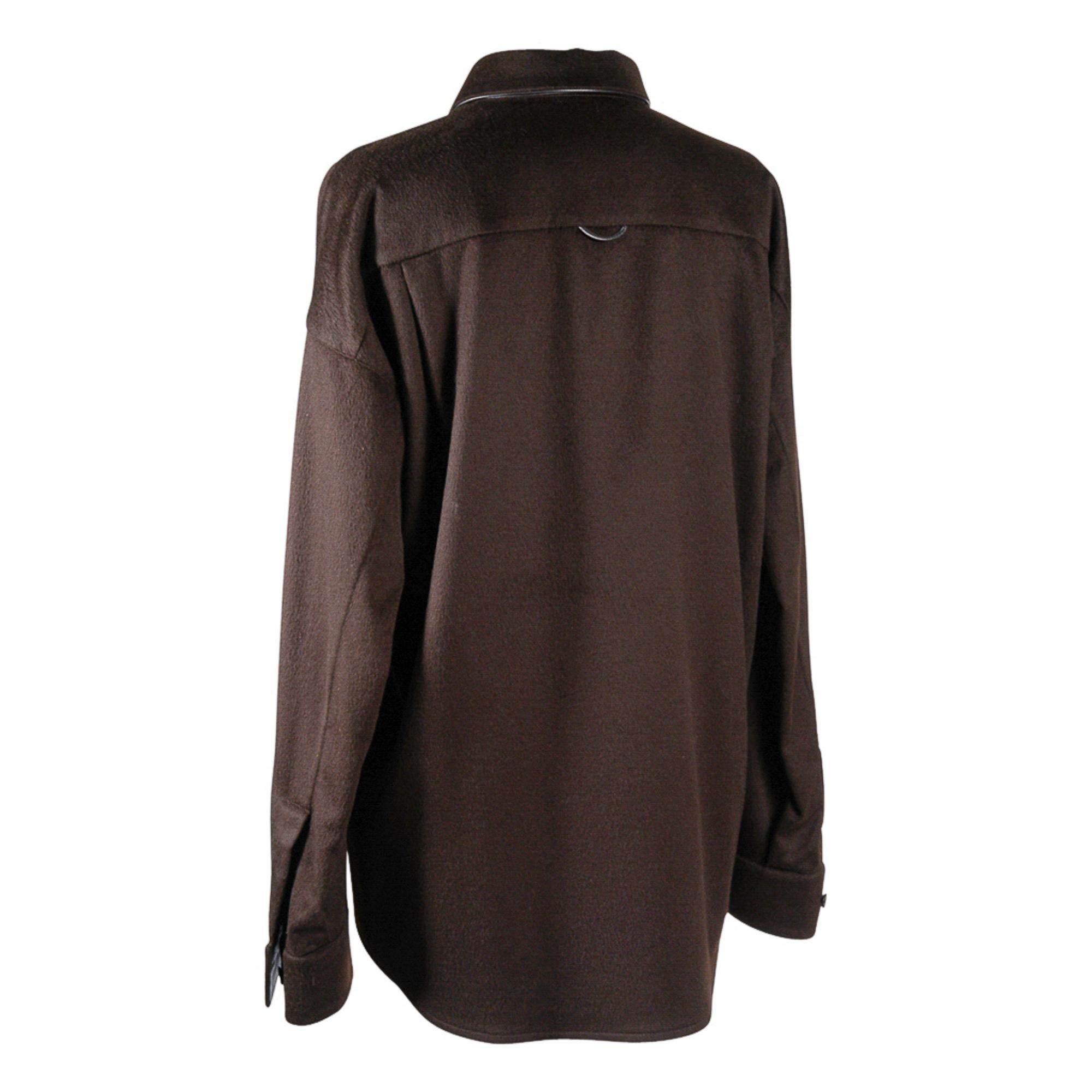 Agnona Cashmere and Leather Rich Chocolate Brown Shirt 46 In Excellent Condition For Sale In Miami, FL
