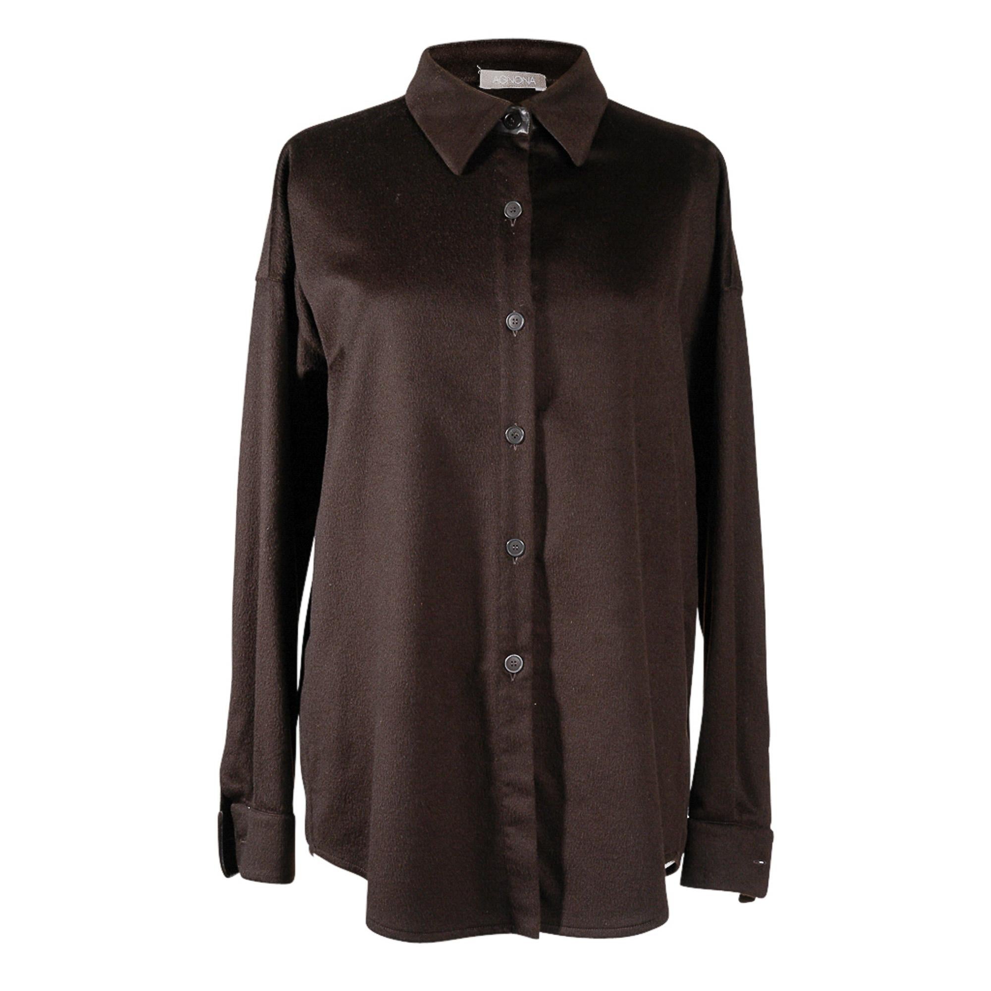Agnona Cashmere and Leather Rich Chocolate Brown Shirt 46 For Sale 1