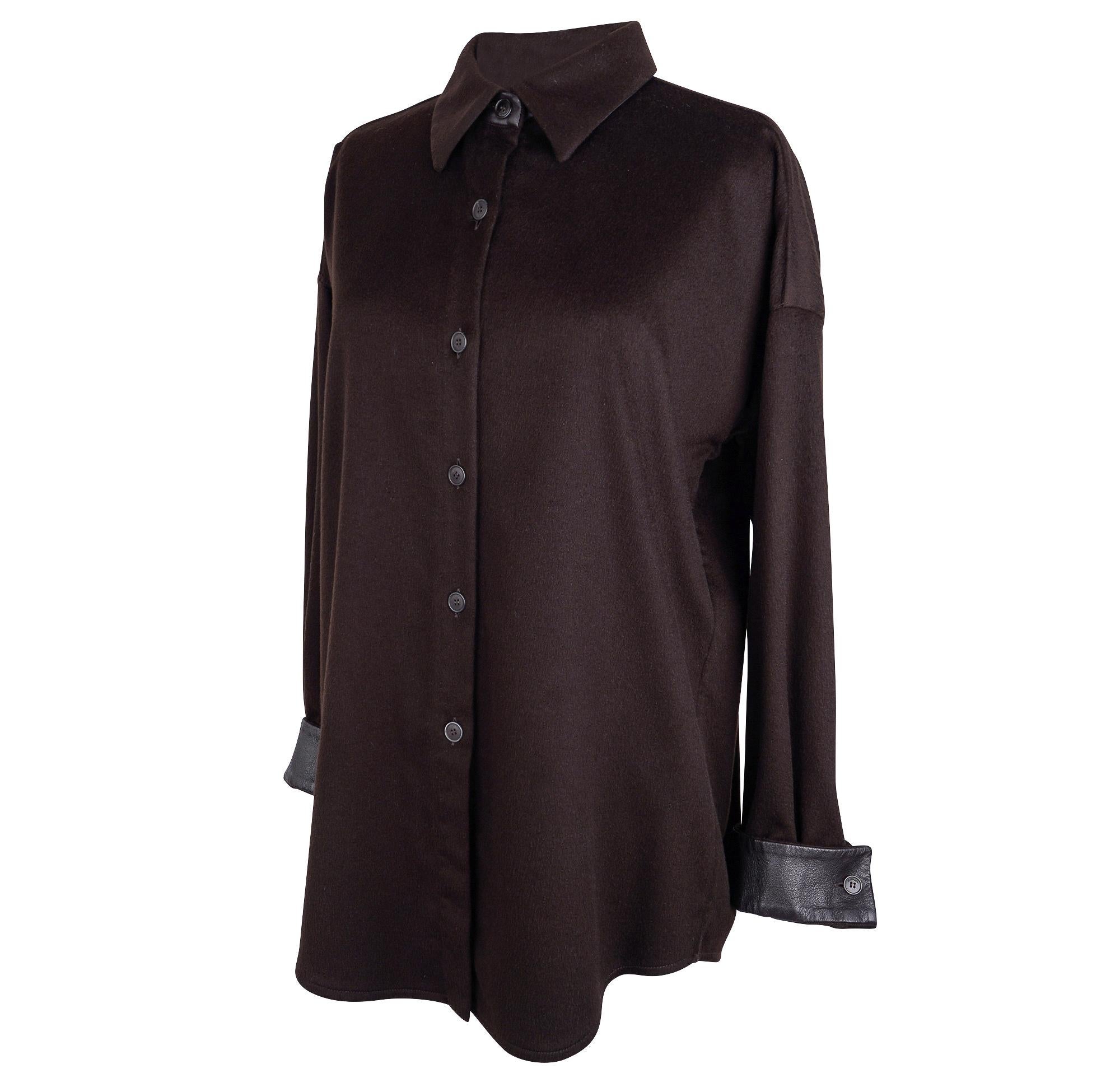 Agnona Cashmere and Leather Rich Chocolate Brown Shirt 46 For Sale 2