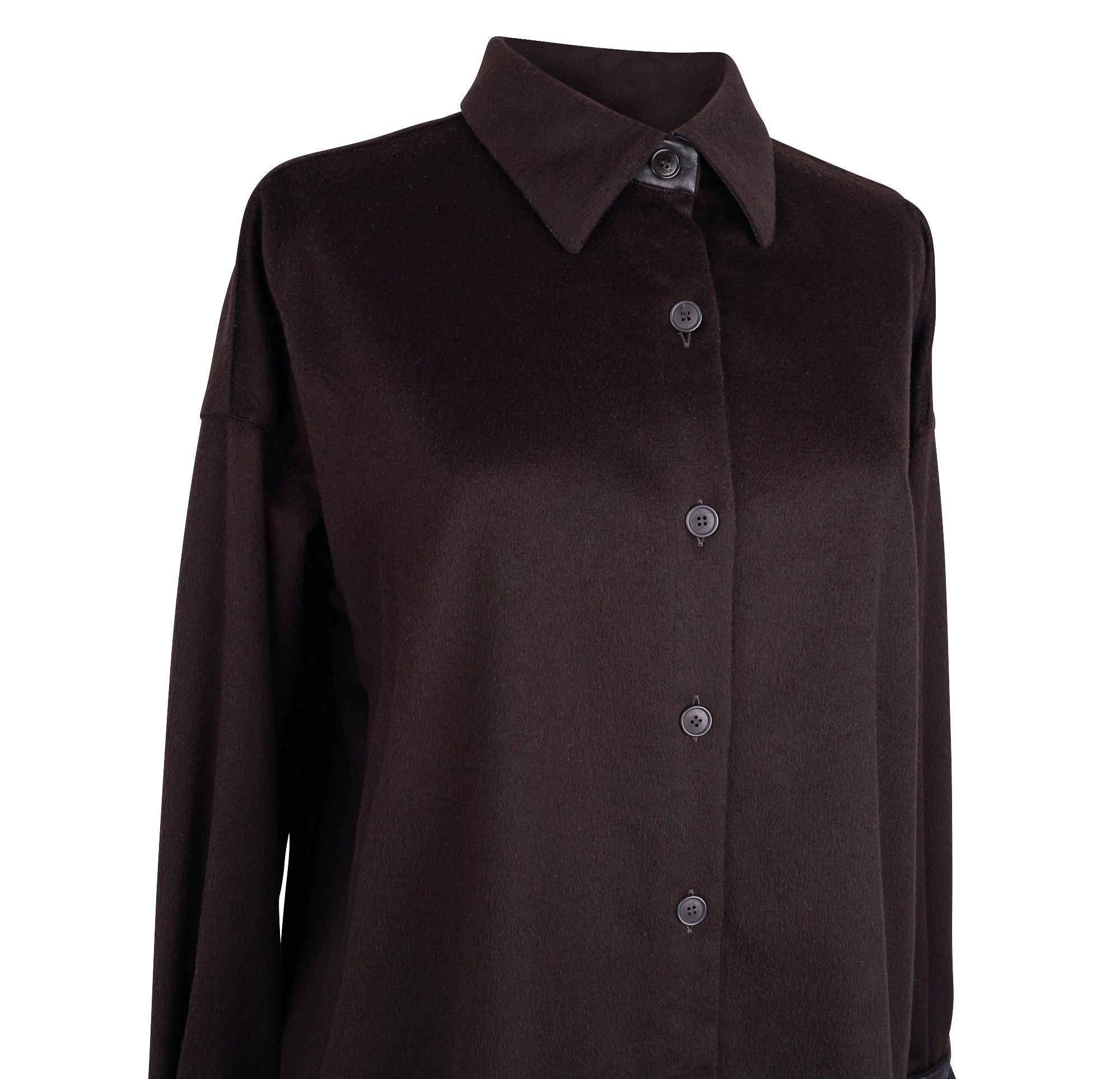 Agnona Cashmere and Leather Rich Chocolate Brown Shirt 46 For Sale 3