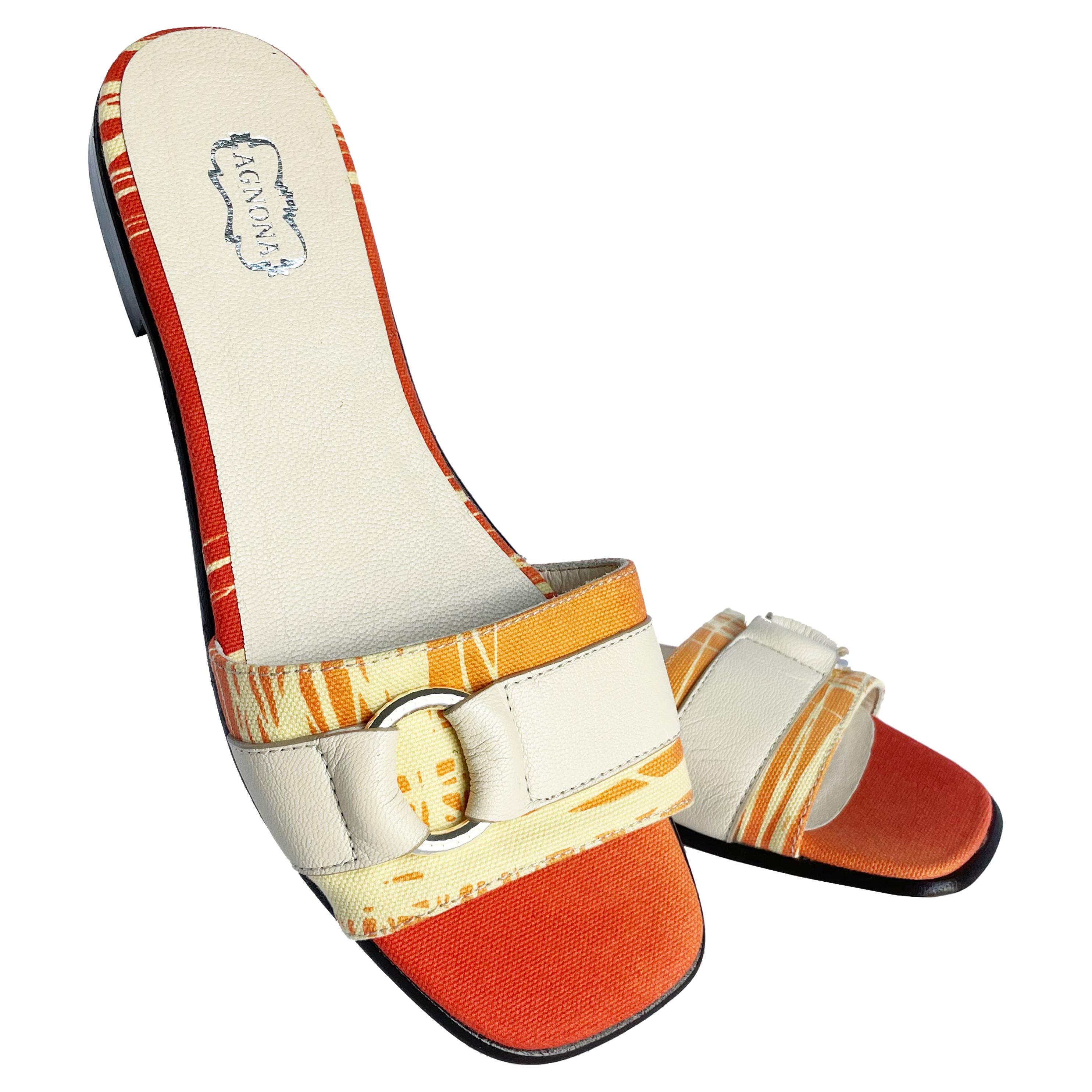 Agnona Italy Sandals Slides Flats Orange Canvas White Leather Size 39 For  Sale at 1stDibs