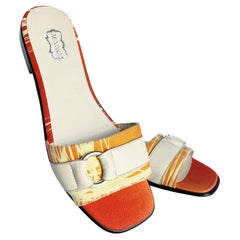 Agnona Italy Sandals Slides Flats Orange Canvas White Leather Size 39 