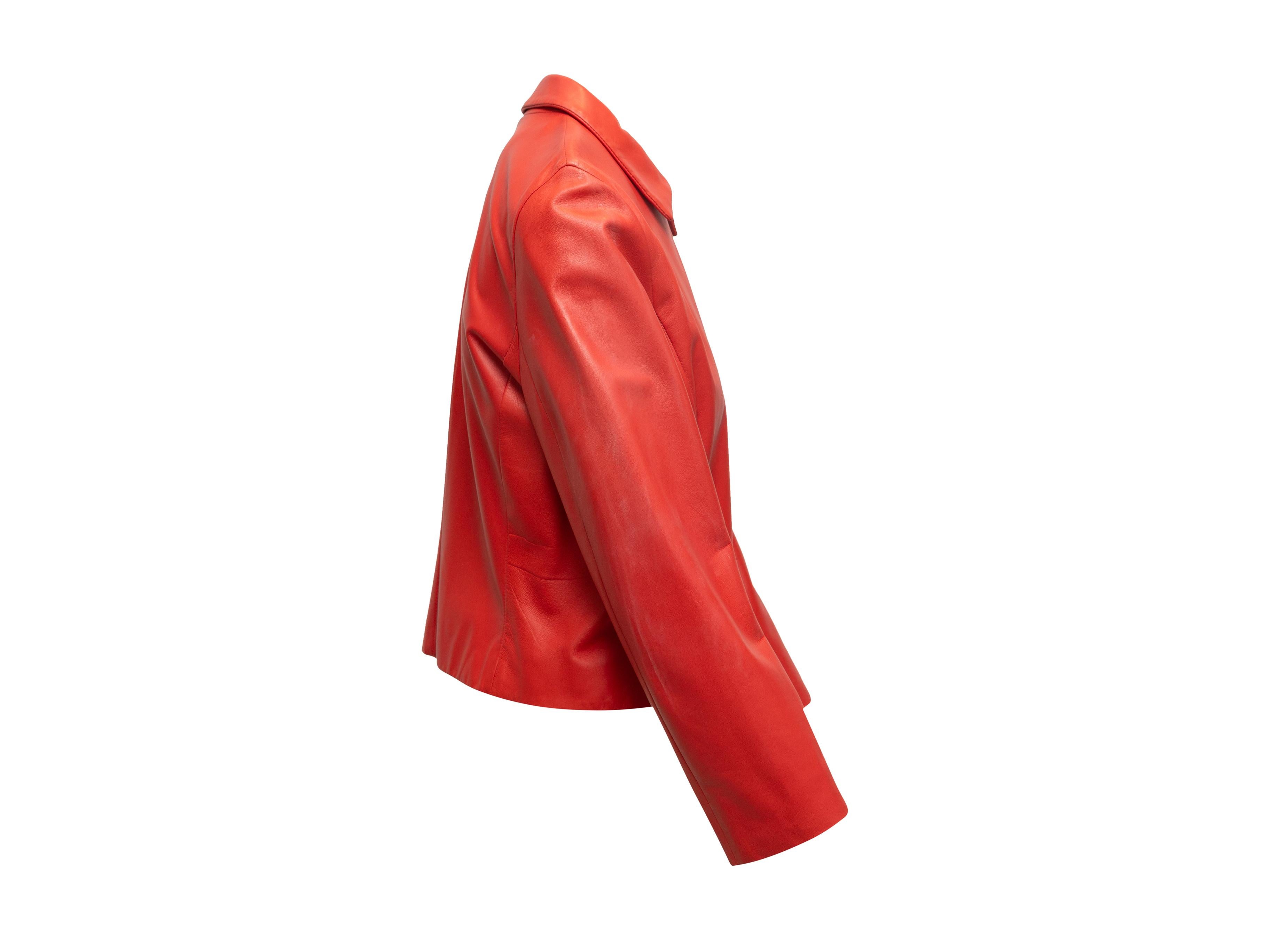 Product details: Red leather jacket by Agnona. Pointed collar. Silk lining. Zip closure at front. Designer size 44. 34