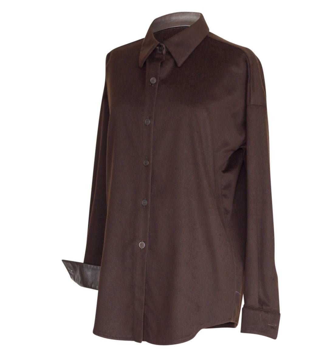 Black Agnona Shirt Cashmere and Leather Details Rich Chocolate Brown 46