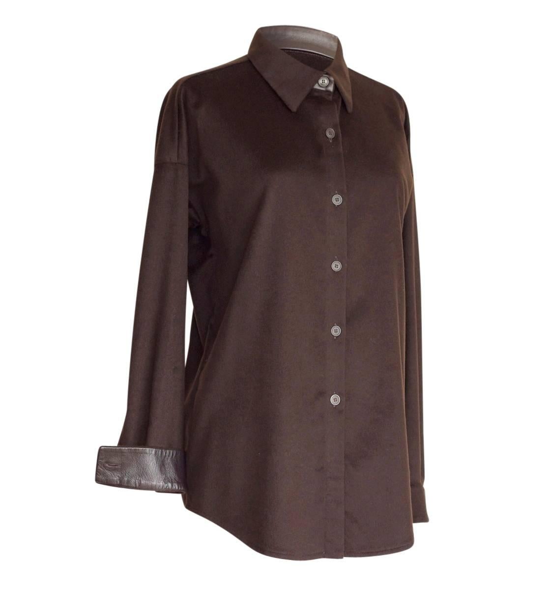 Agnona Shirt Cashmere and Leather Details Rich Chocolate Brown 46 In Excellent Condition In Miami, FL