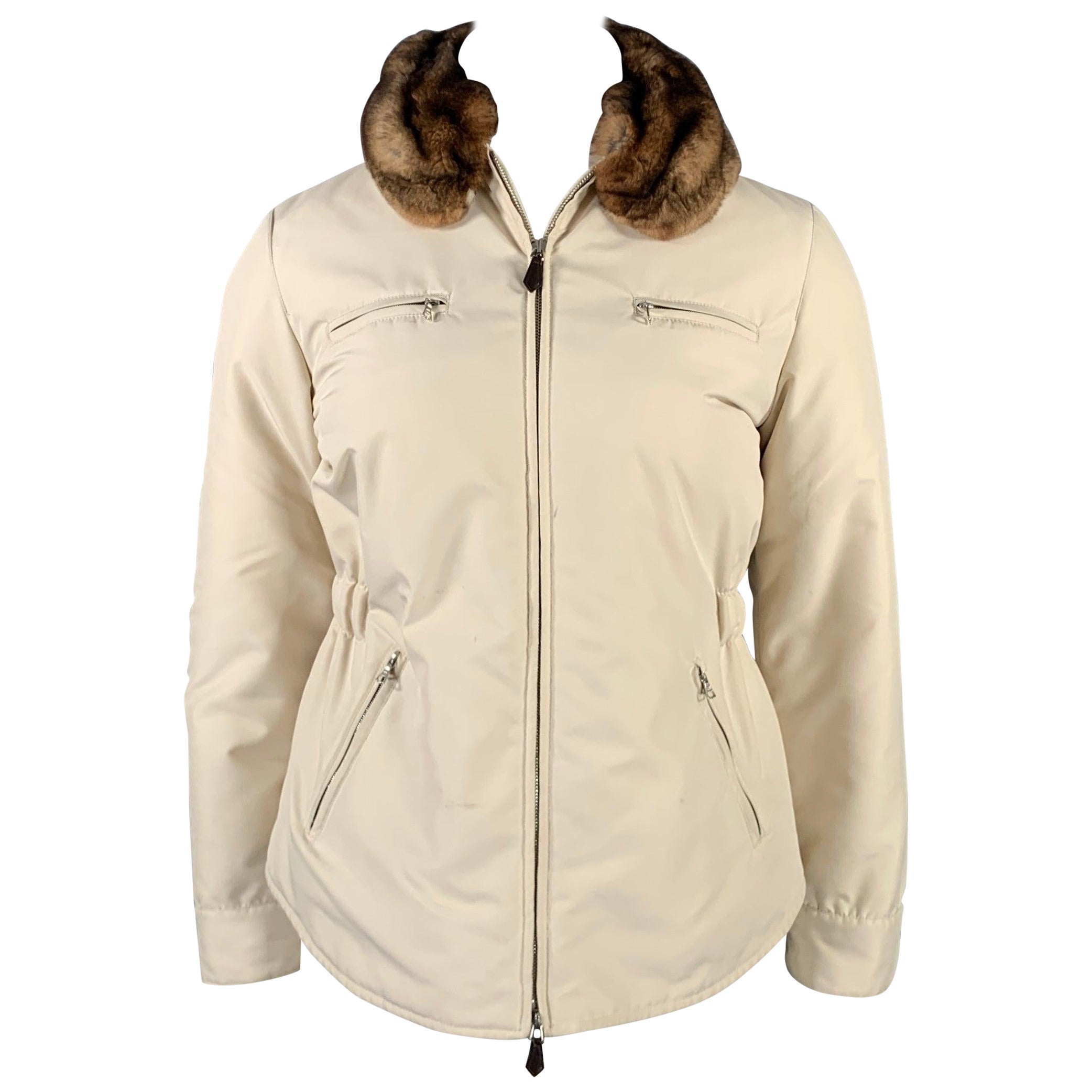 AGNONA Größe 10 Cremefarbene Polyester-Jacke mit abnehmbarem Pelzkragen und Reißverschluss oben im Angebot