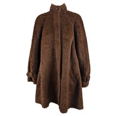 Agnona Vintage Alpaca Wool Brown Furry Italian Womens Swing Coat, 1980s
