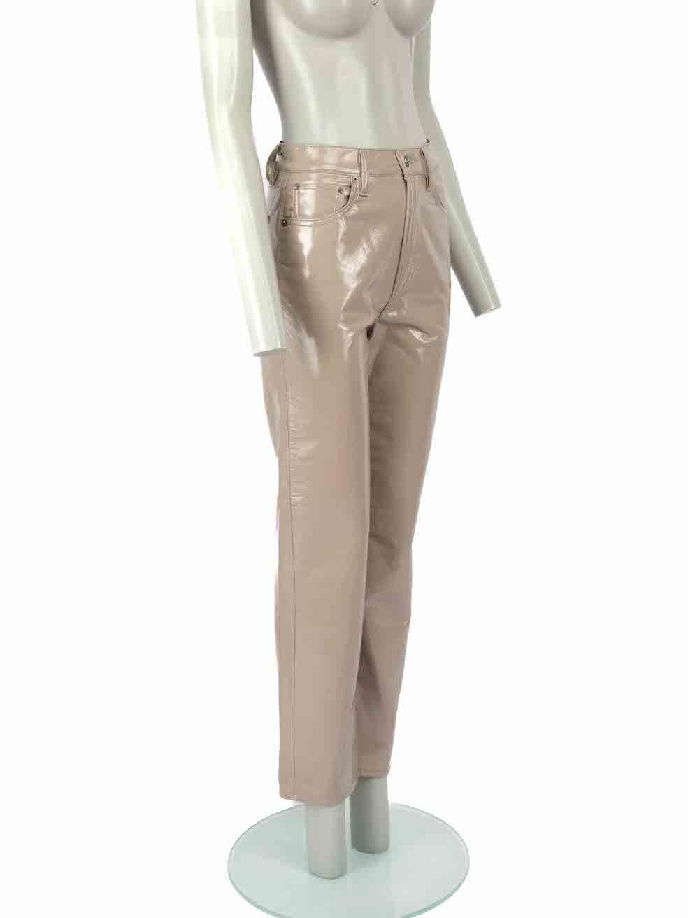 CONDITION is Very good. Hardly any visible wear to trousers is evident on this used Agolde designer resale item.
 
 Details
 Taupe
 Patent leather
 Trousers
 Straight leg
 Mid rise
 3x Front pockets
 2x Back pockets
 Fly zip and button fastening
 

