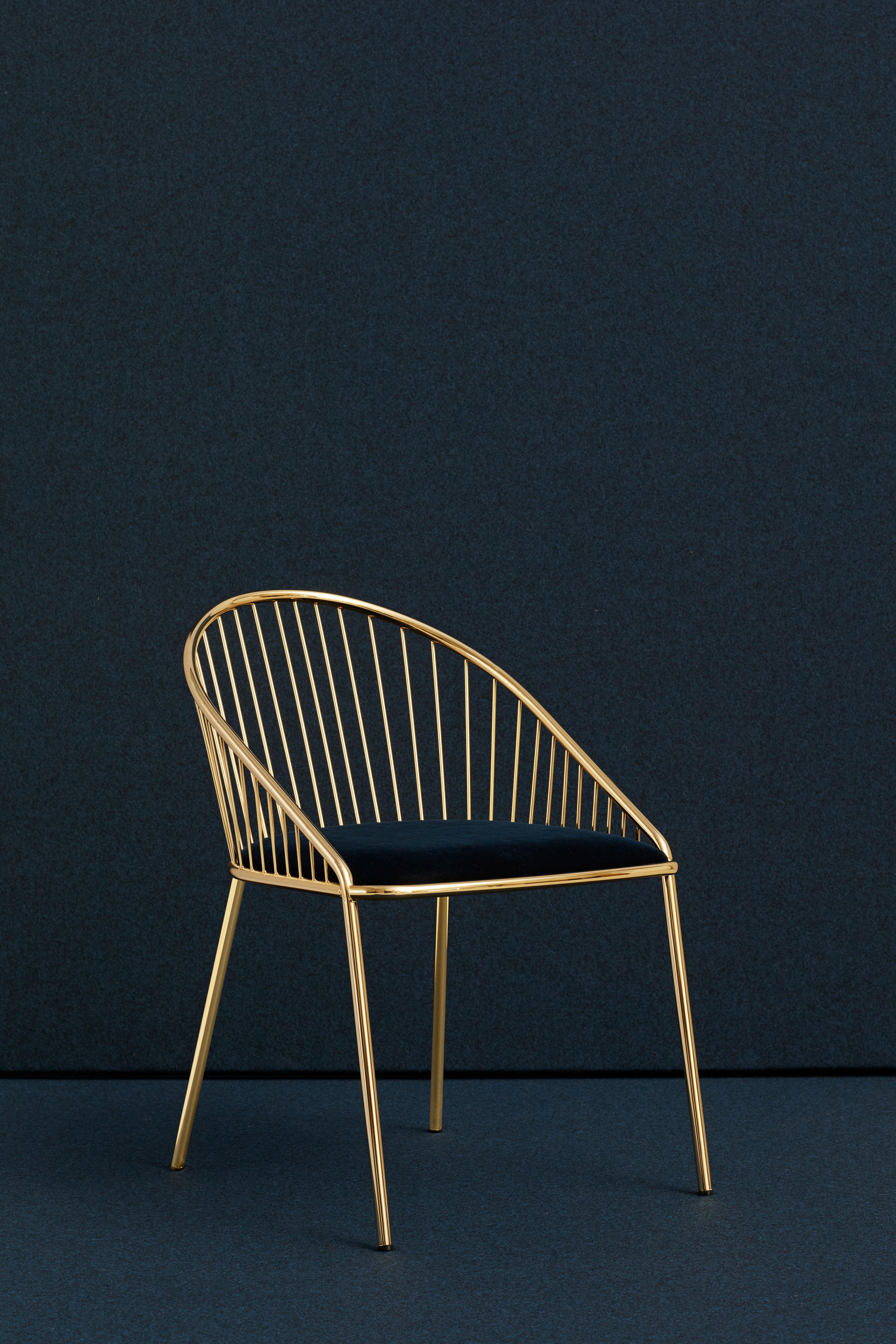 Agora Gold Chair by Pepe Albargues
Dimensions:
Chair 
Height 79, seat 46, depth 64, width 54
Materials:
Iron strucutre and particles board.
Seat stuffed with polyurethane CMHR40-30.
Lacquered iron legs.

About 
Agora Collection, black and gold chair