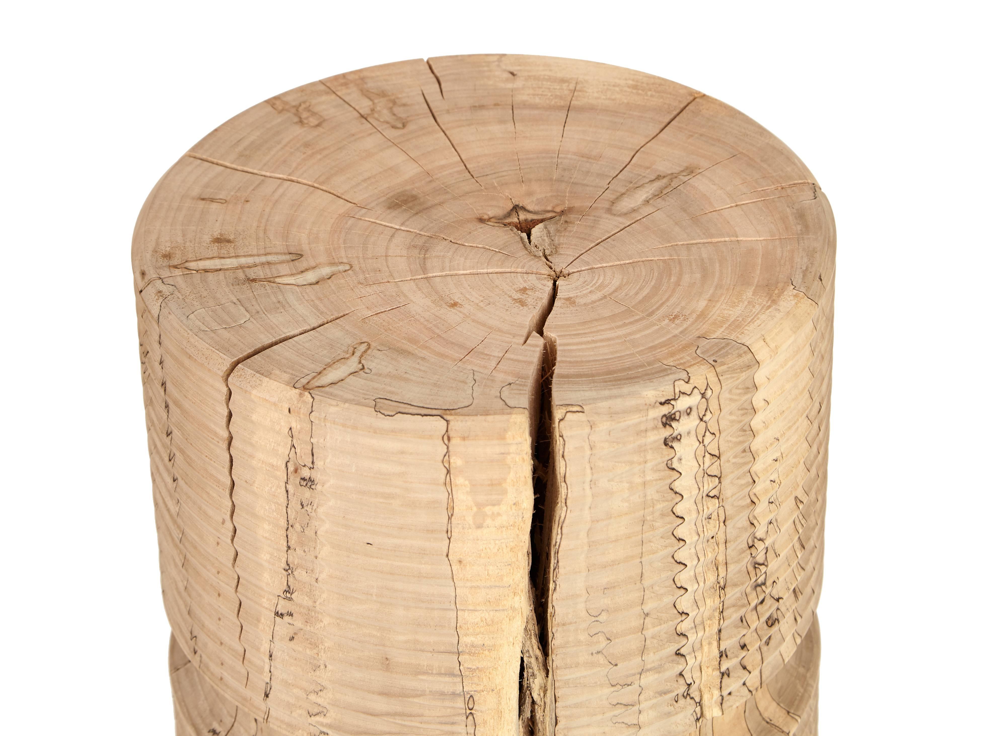 Agora stool or table orbit series by Claudio Sebastian stalling in solid lathe turned Spalted Maple kiln dried to control splitting over time finished with white oil hand rubbed finish.